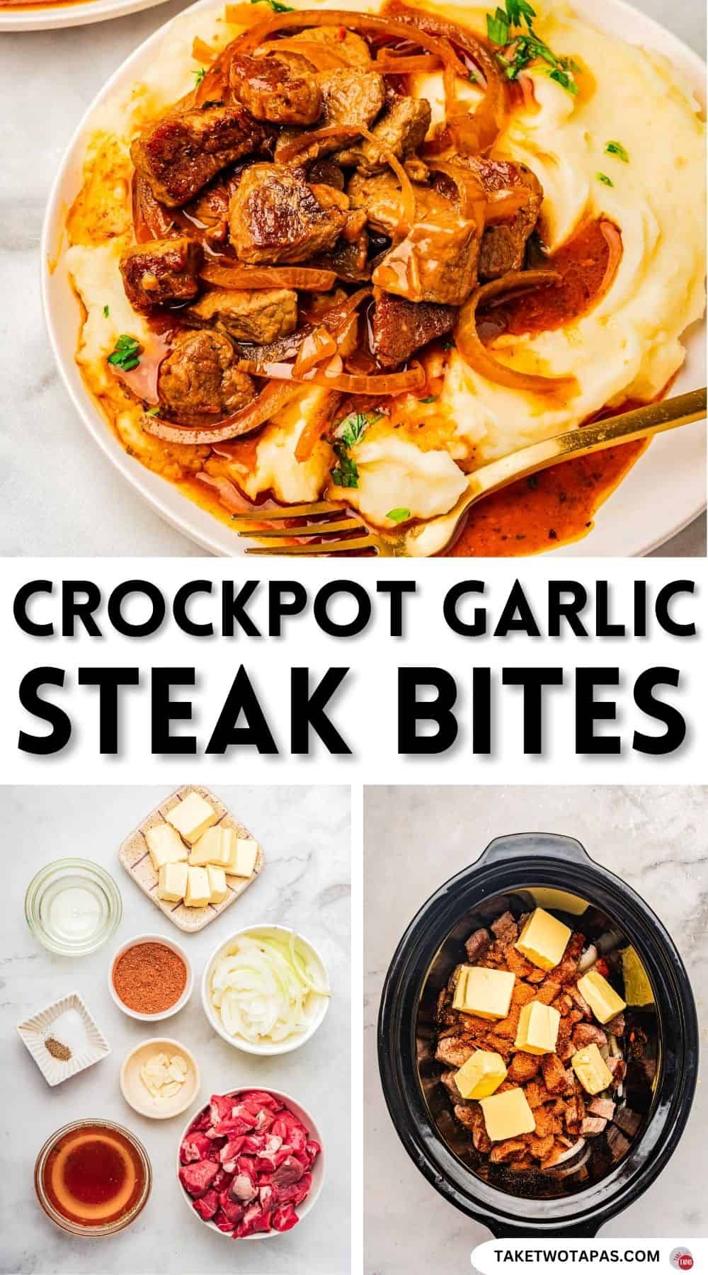 Pinterest pin image for crockpot garlic steak bites