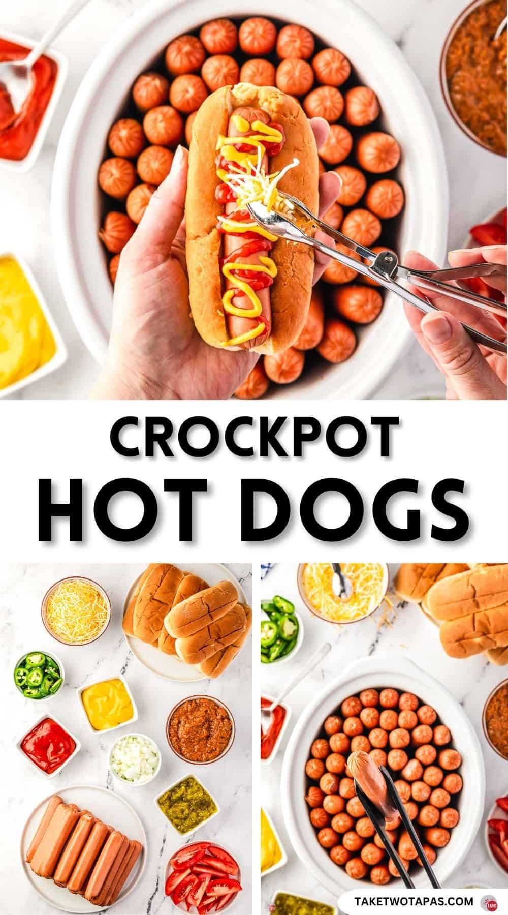 Pinterest pin image for crockpot hot dogs recipe