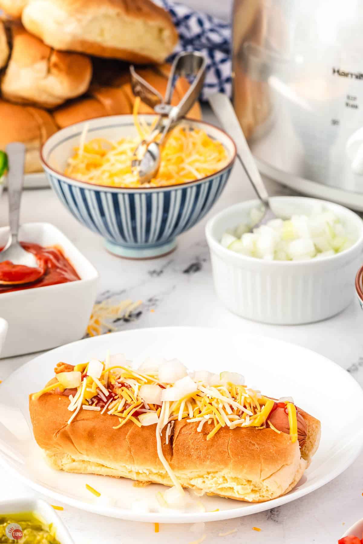 hot dog on a plate topped with shredded cheese and onions