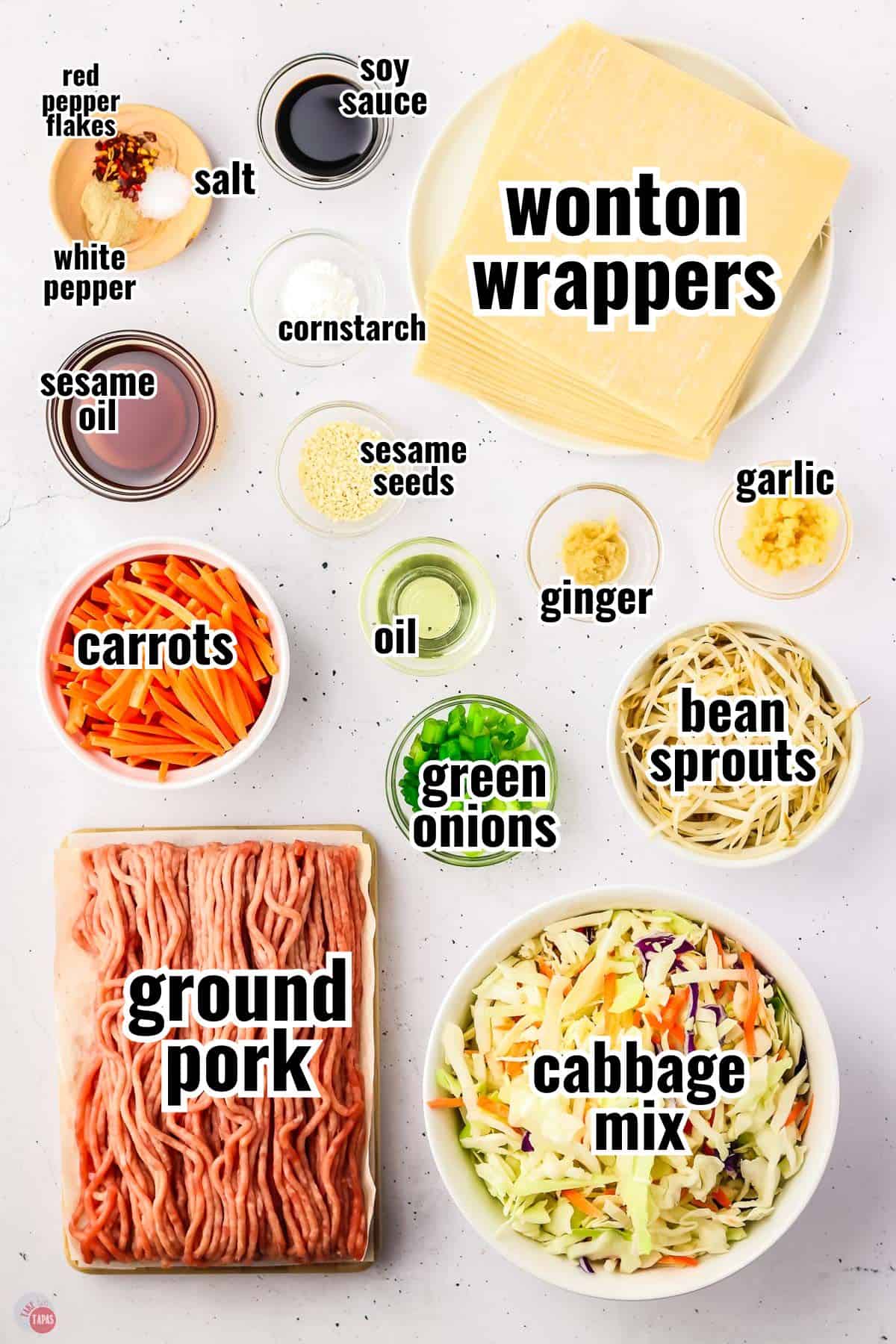 ingredients for egg roll wonton cups recipe with text overlay labeling them