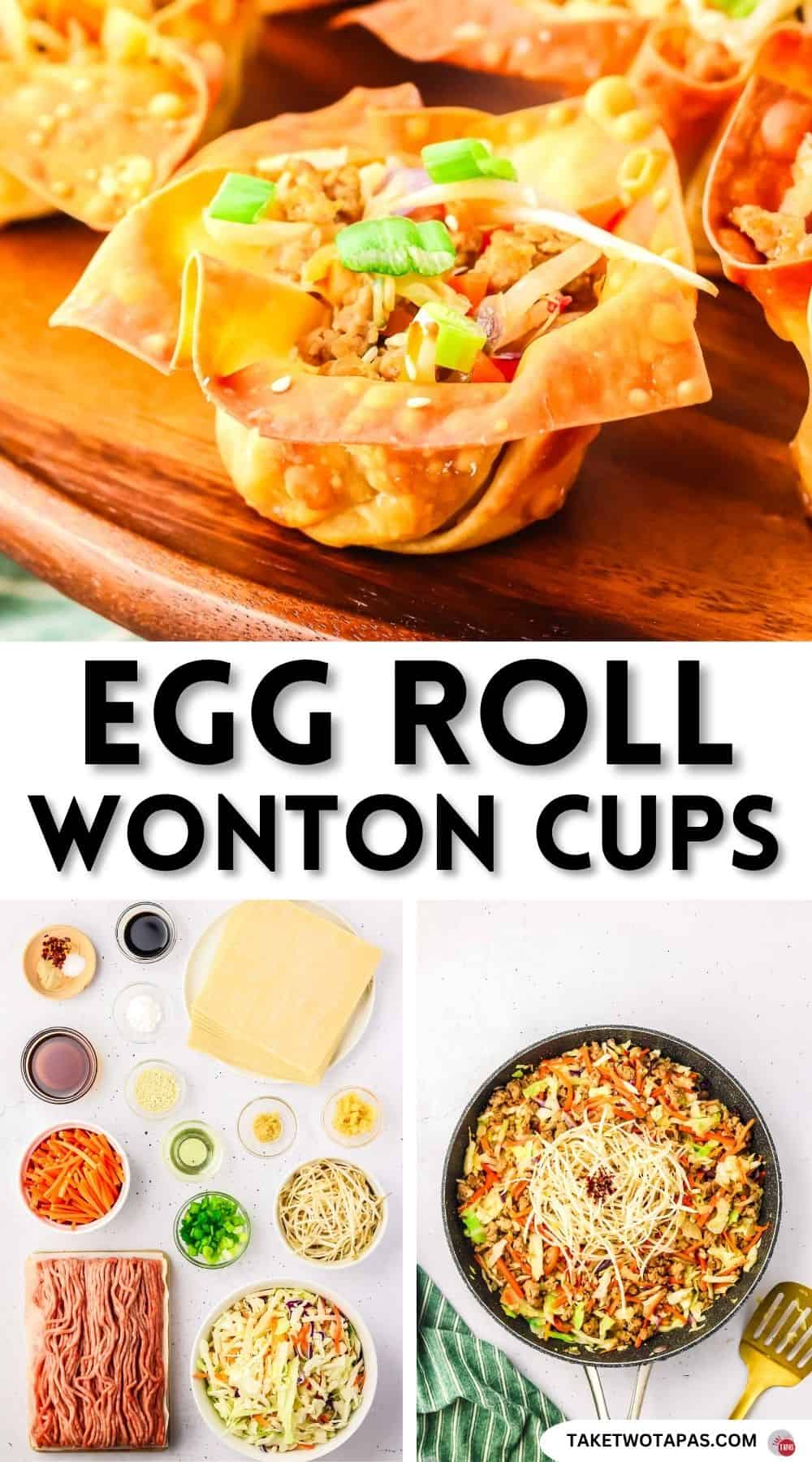 Pinterest pin image for egg roll wonton cups