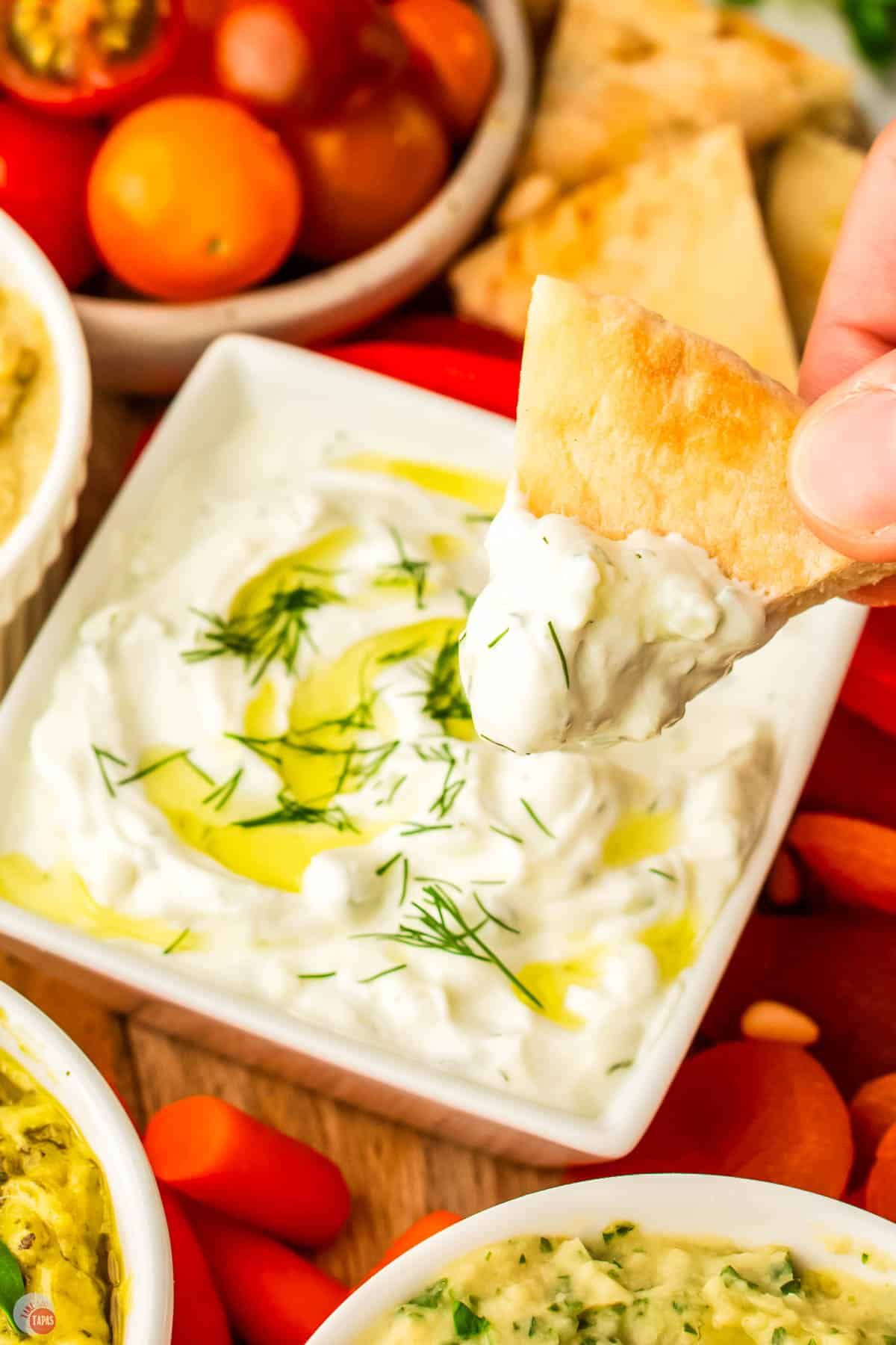 hand holding a pita wedge dipped in tzatziki