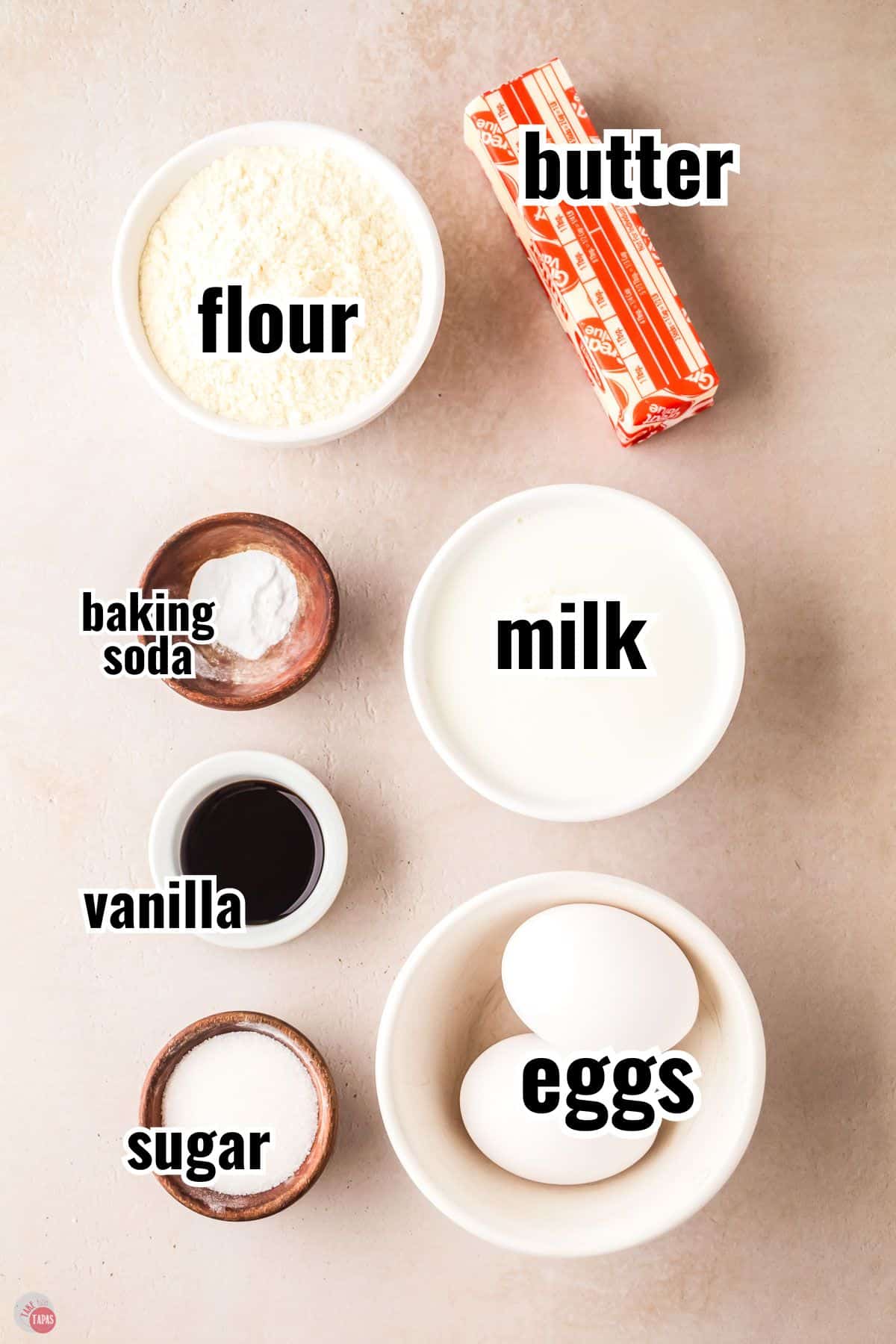 ingredients for mini pancake skewers with text overlay labeling them
