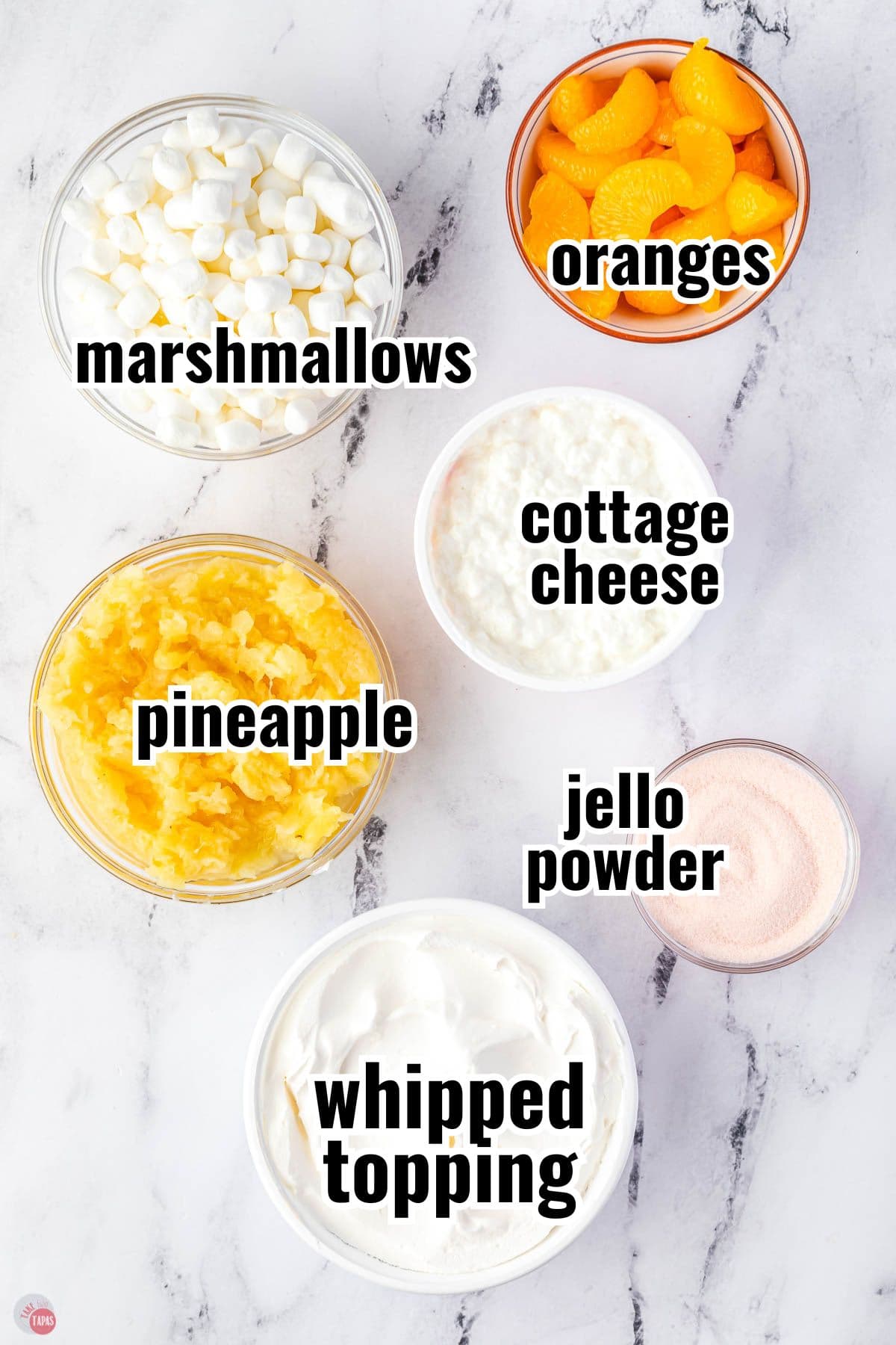 ingredients for a jello salad in individual bowls with text overlay labeling them