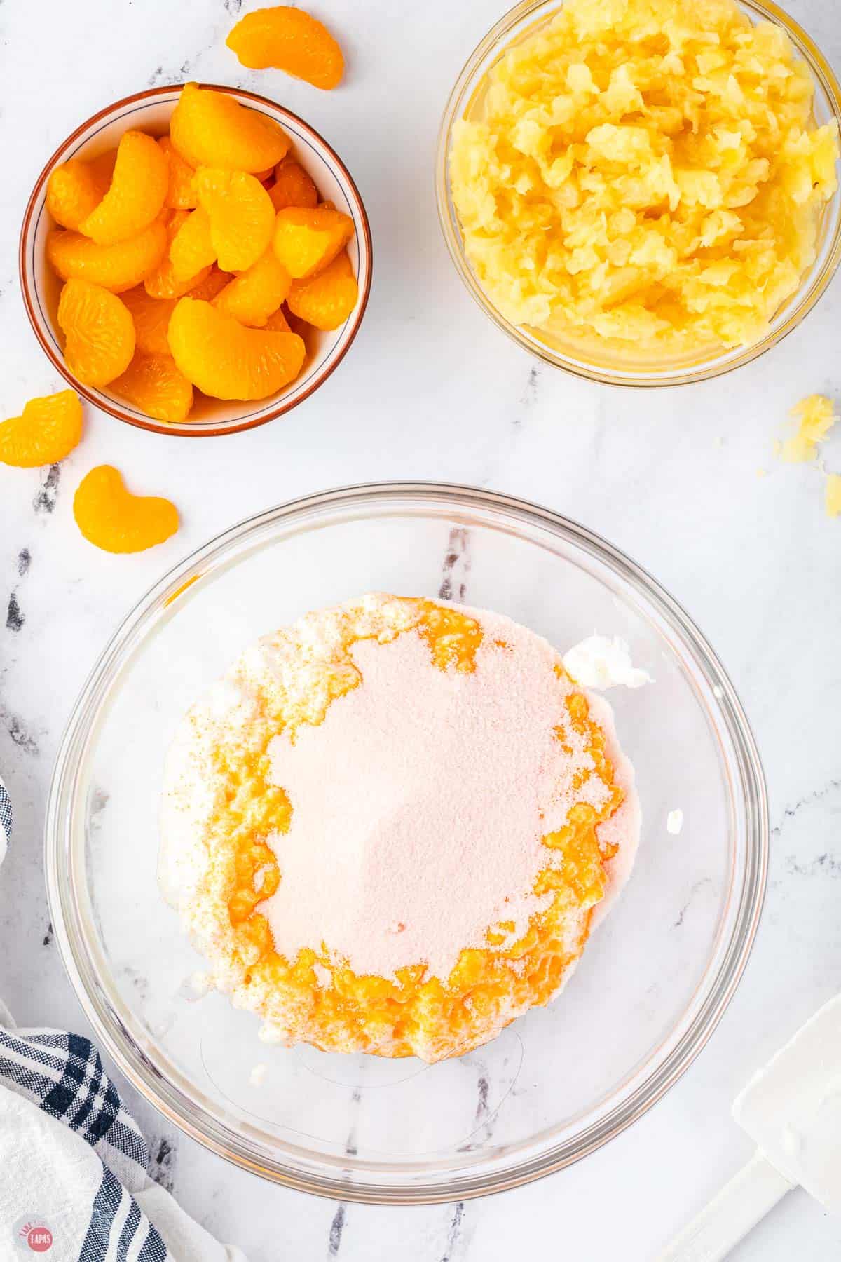 cottage cheese and jello powder in a clear bowl