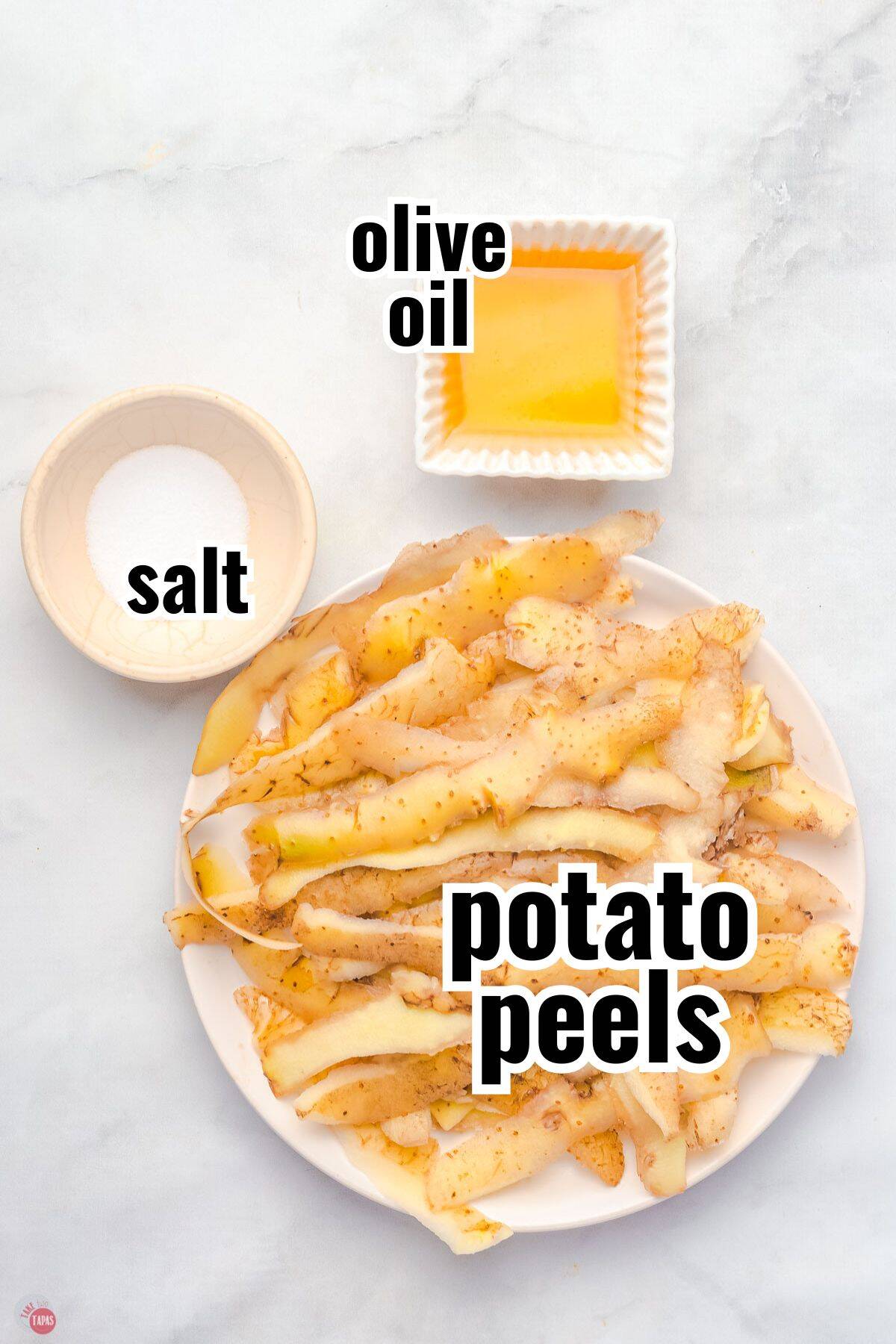 ingredients for potato skin chips with text overlay labeling them