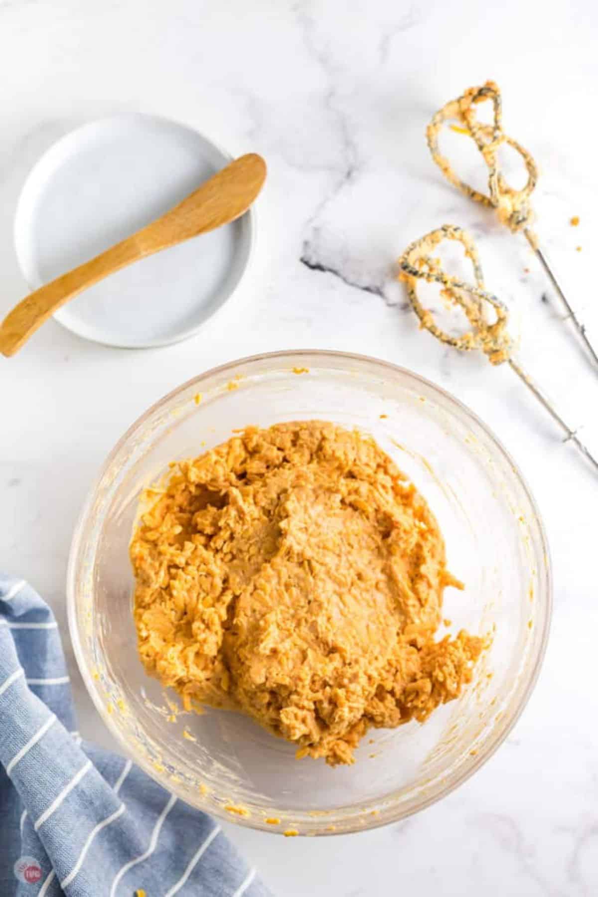 pub cheese mixed in a clear bowl