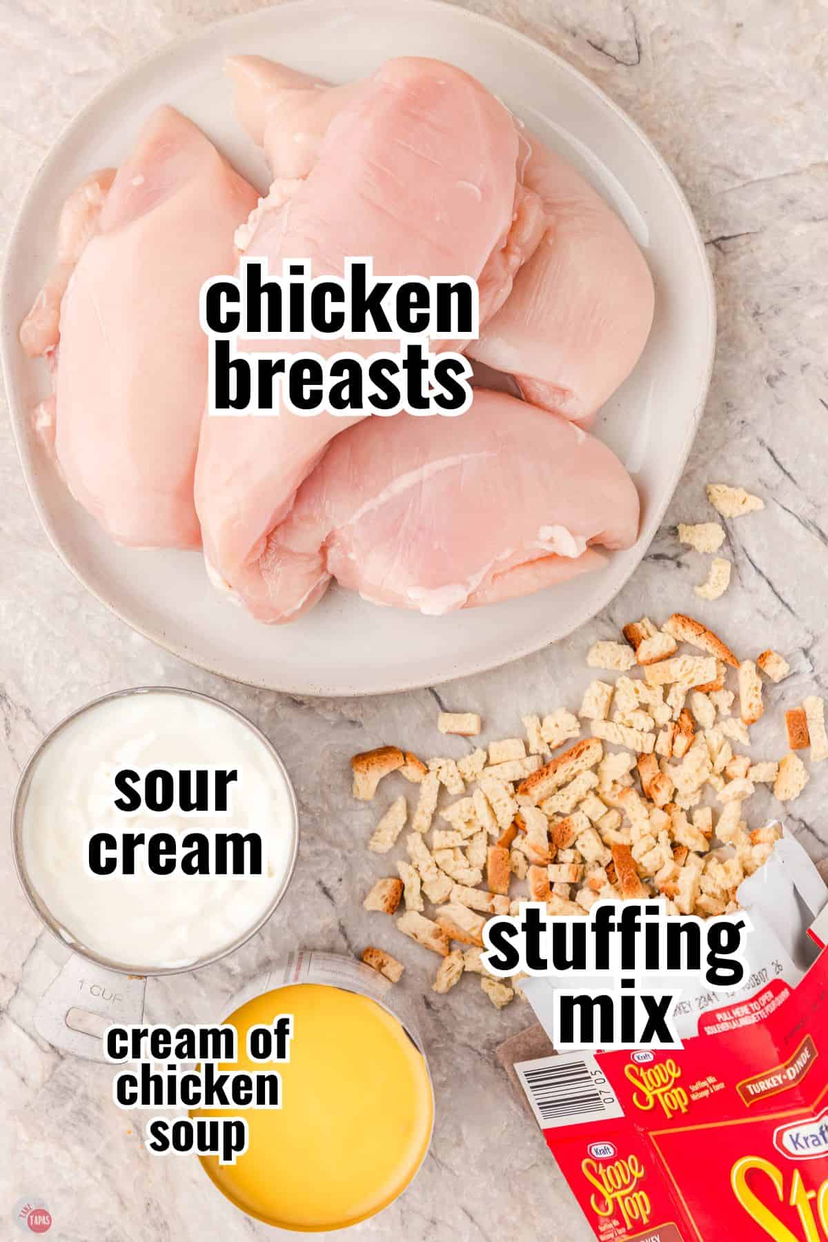 ingredients for a chicken recipe with text overlay labeling them
