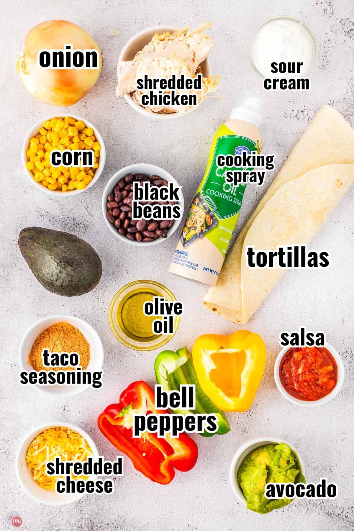 ingredients in individual bowls with text overlay labeling them