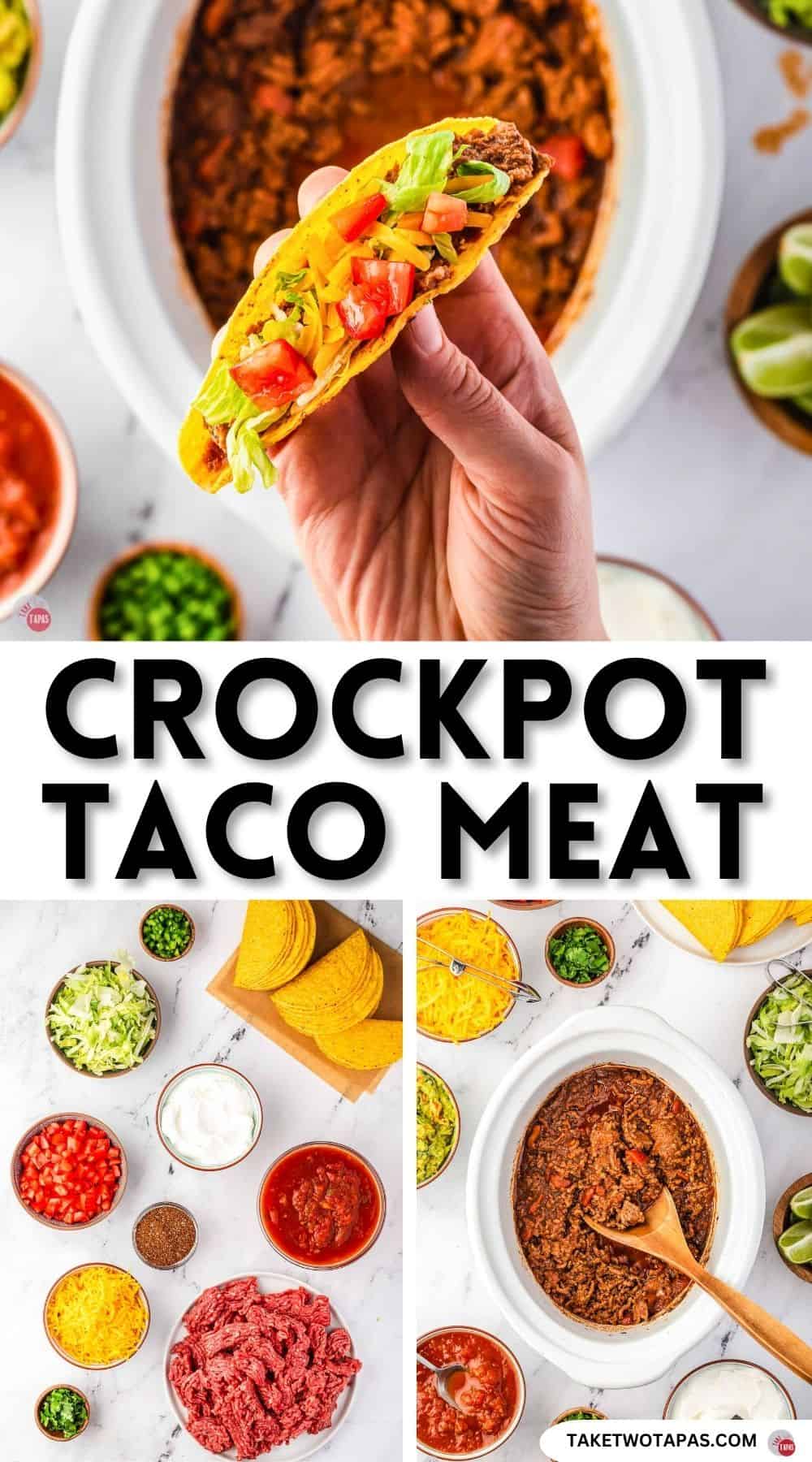 Pinterest pin image for taco meat cooking in a slow cooker
