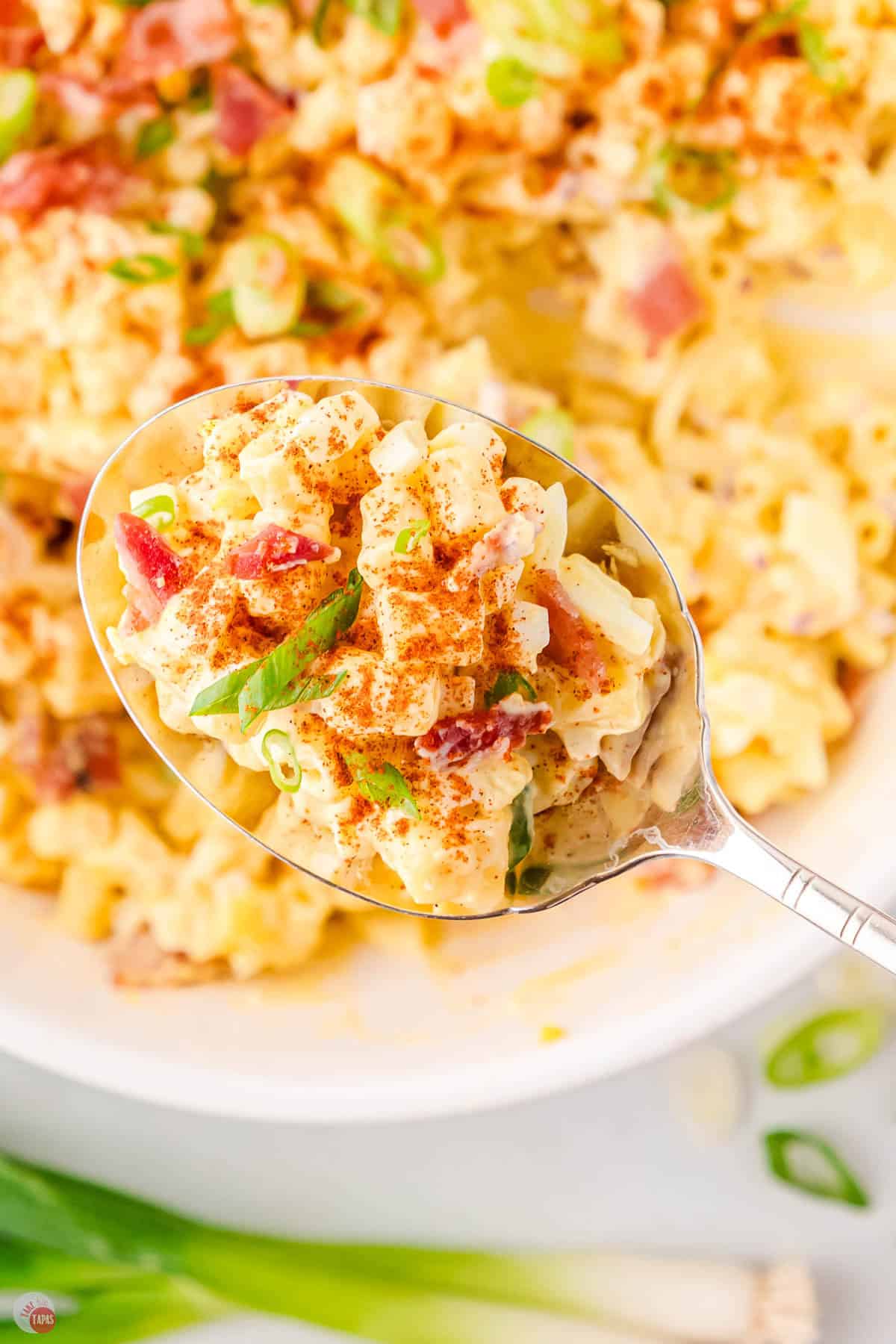 close up of spoon of pasta salad
