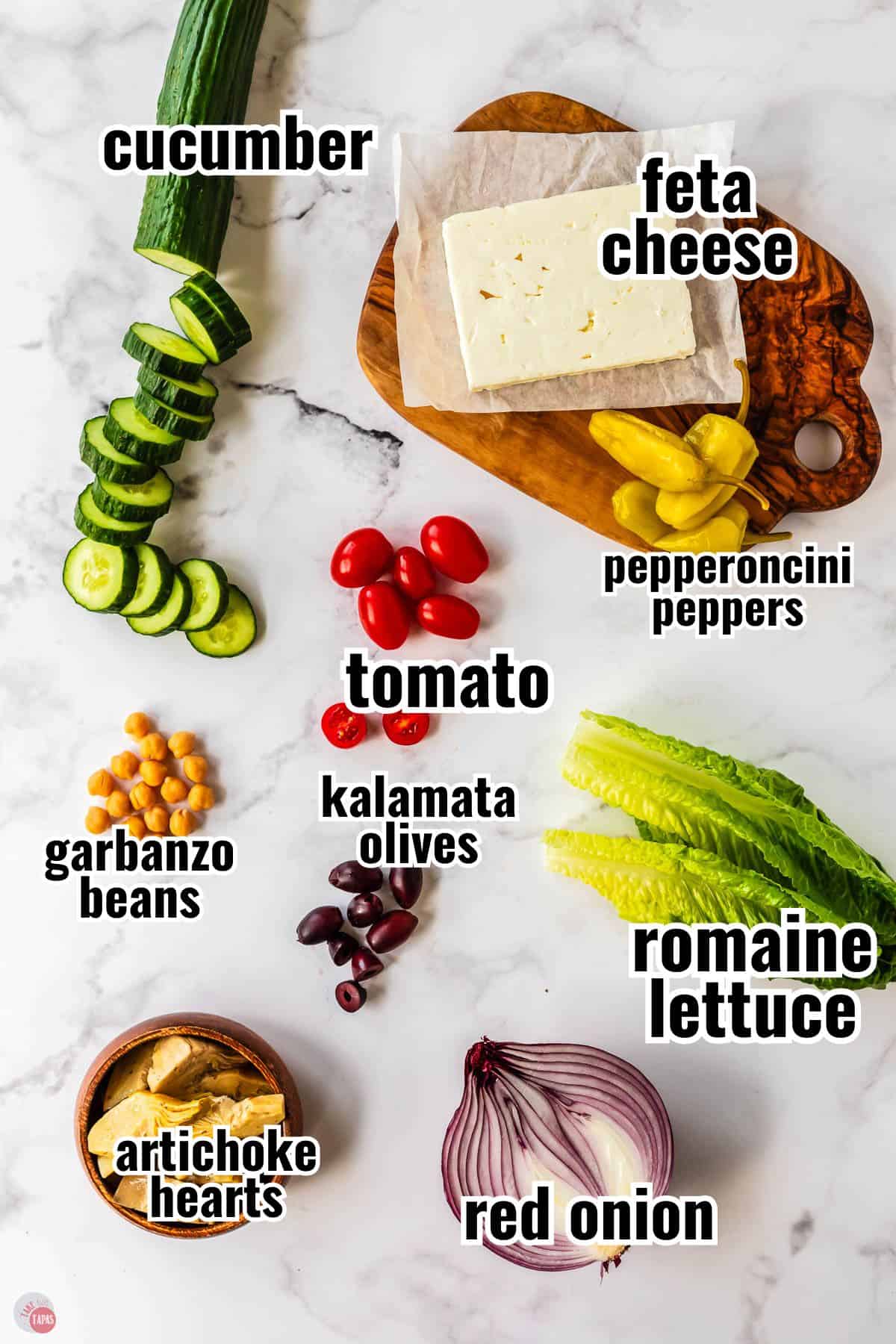 ingredients for a salad in individual bowls with text overlay labels