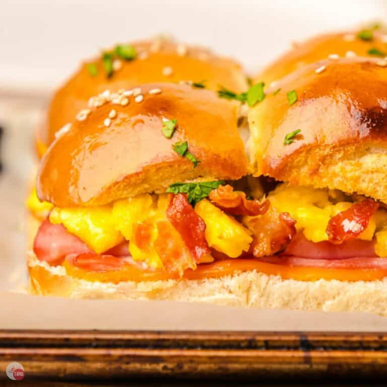 close up side view of 4 breakfast sliders