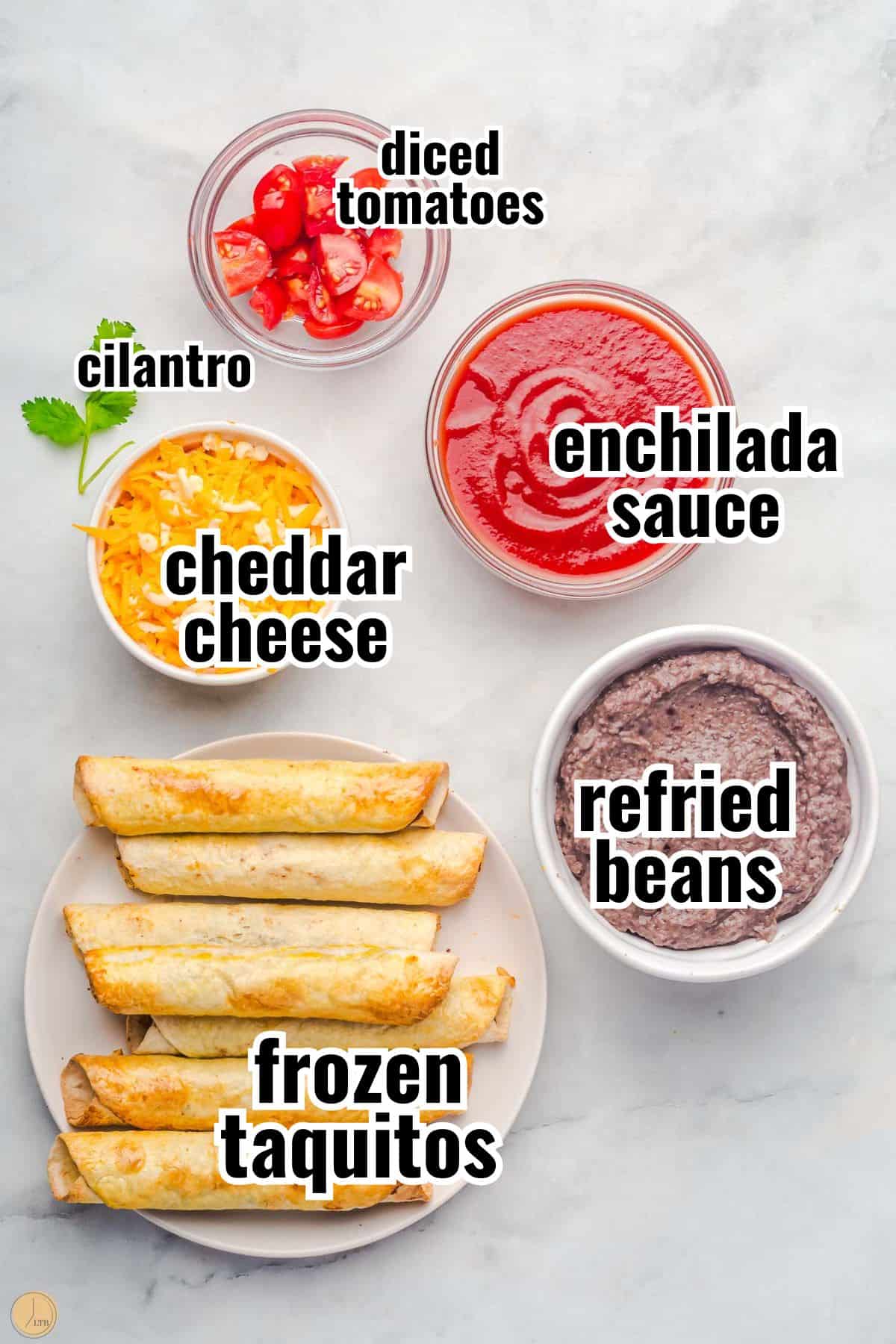 ingredients for enchilada recipe with text overlay labeling them