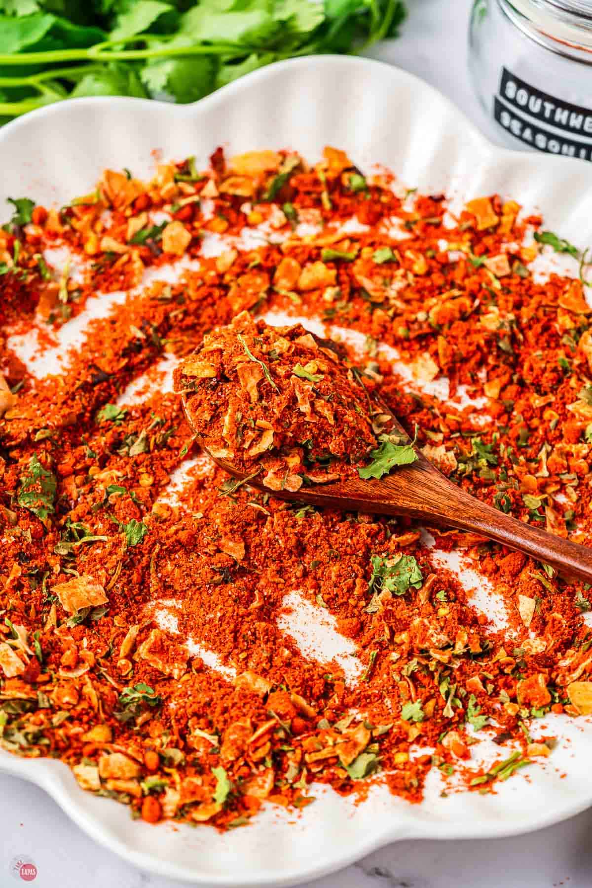 plate with spice mix on it and a small wood spoon