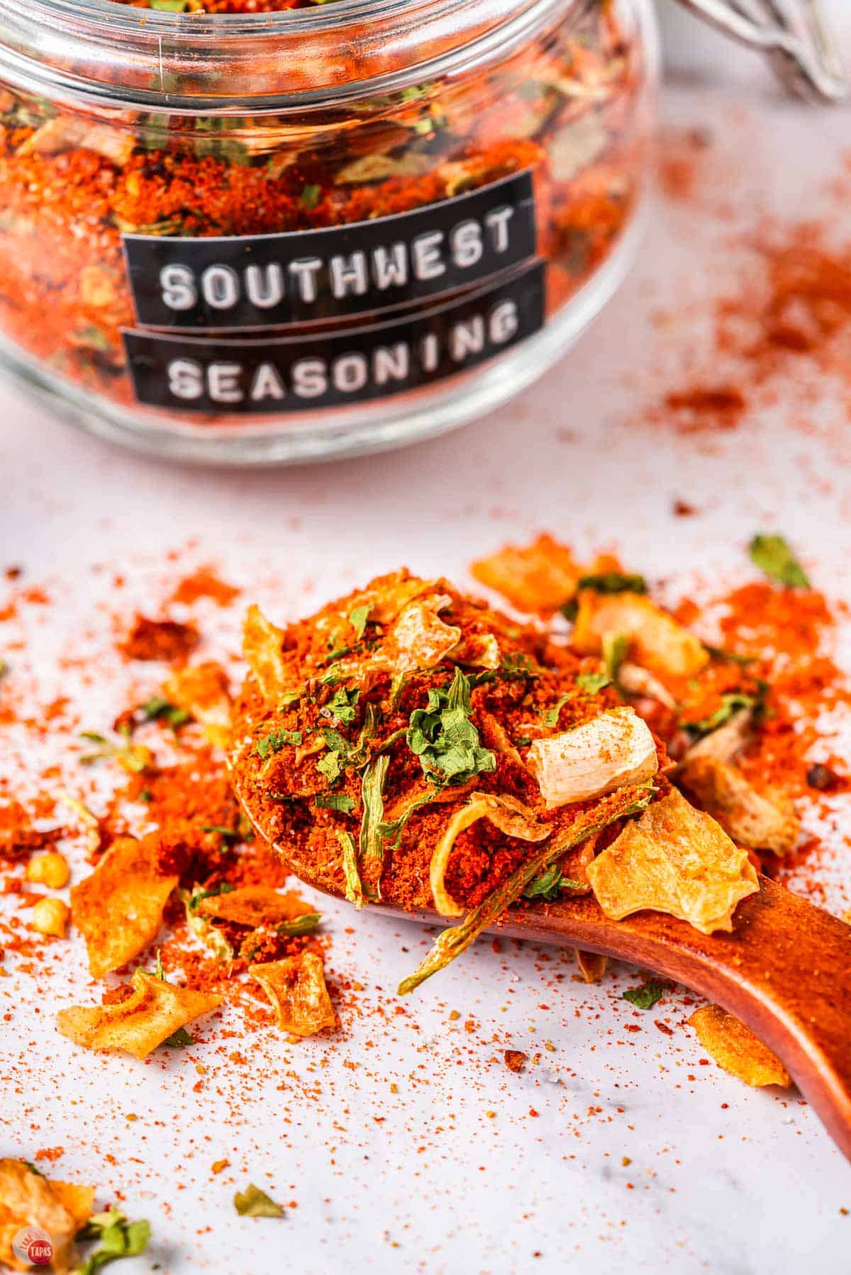 jar of southwest seasoning on a marble counter