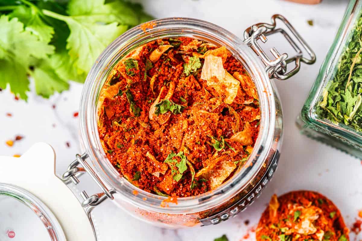overhead view of jar of spices with the lid off
