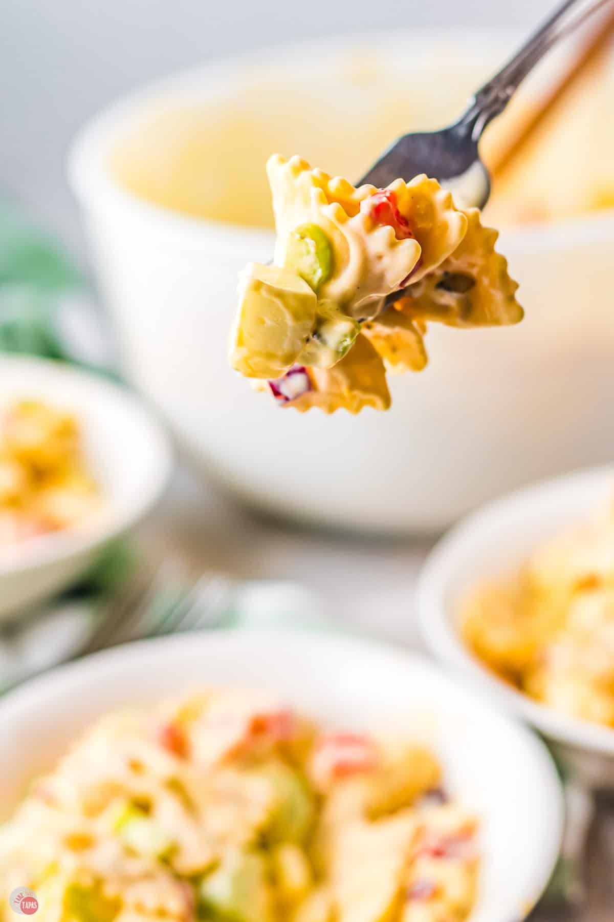 fork with bite of pasta and vegetables on it