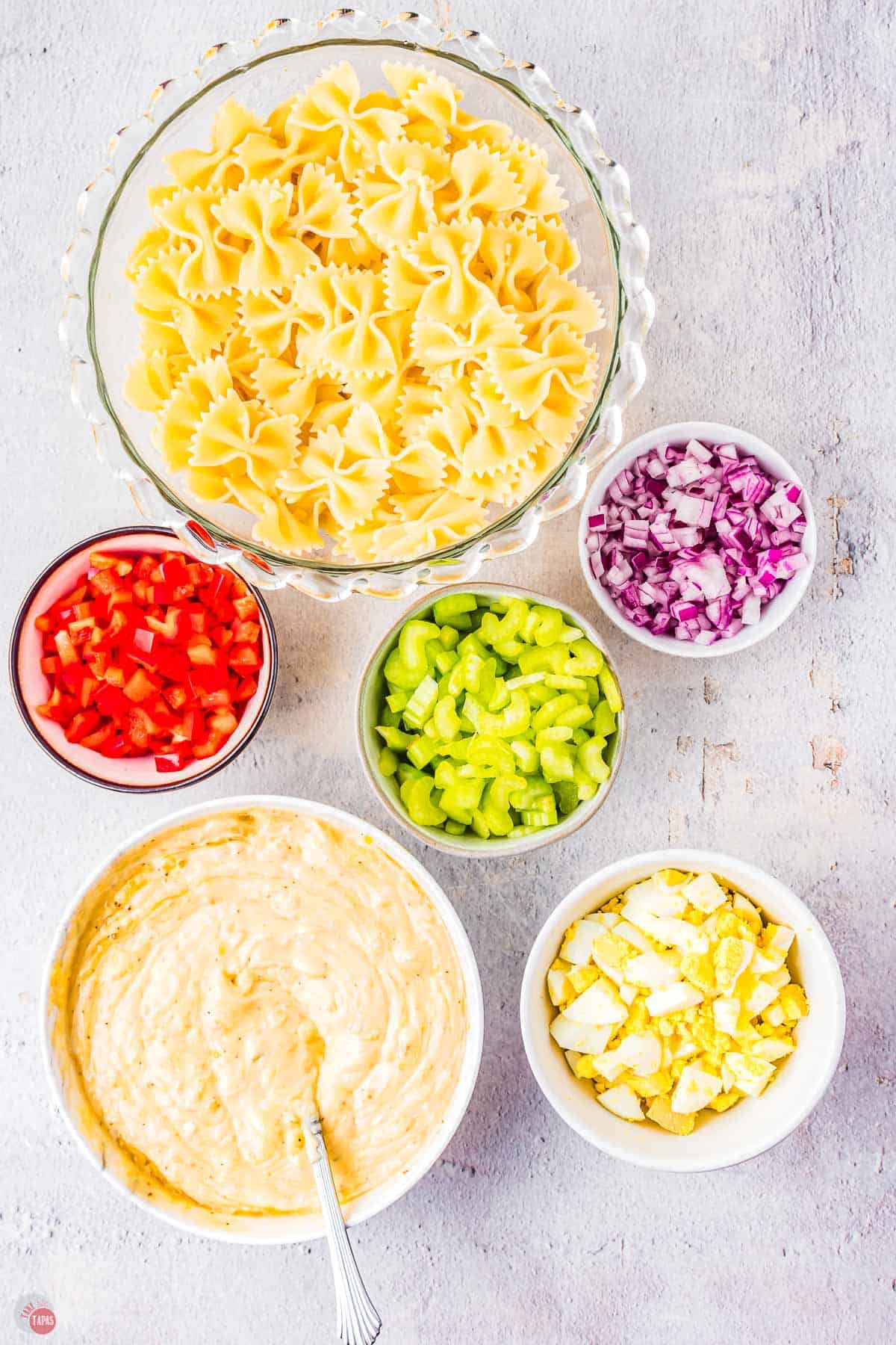 individual bowls of ingredients for a recipe