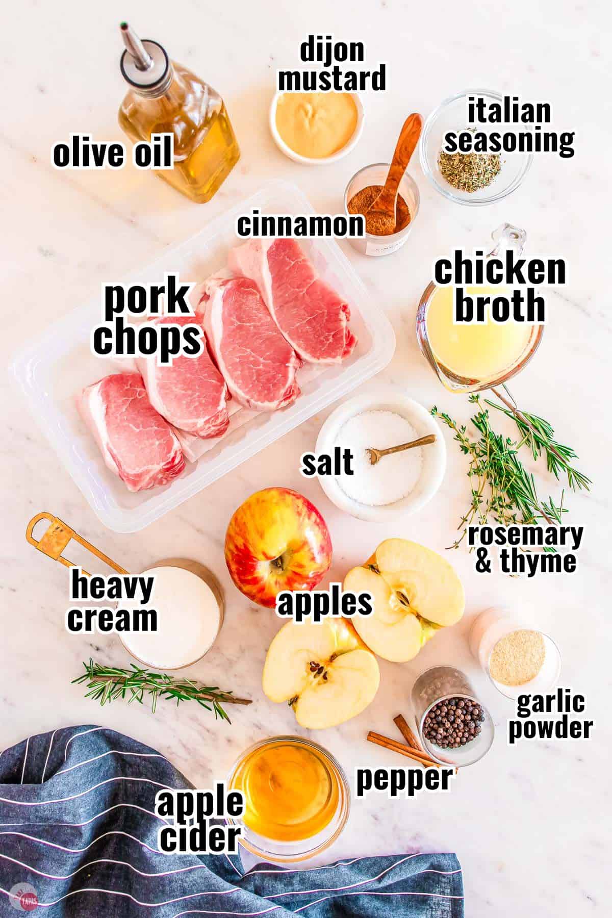 ingredients for a pork chop recipe on a marble counter with text overlay labeling them