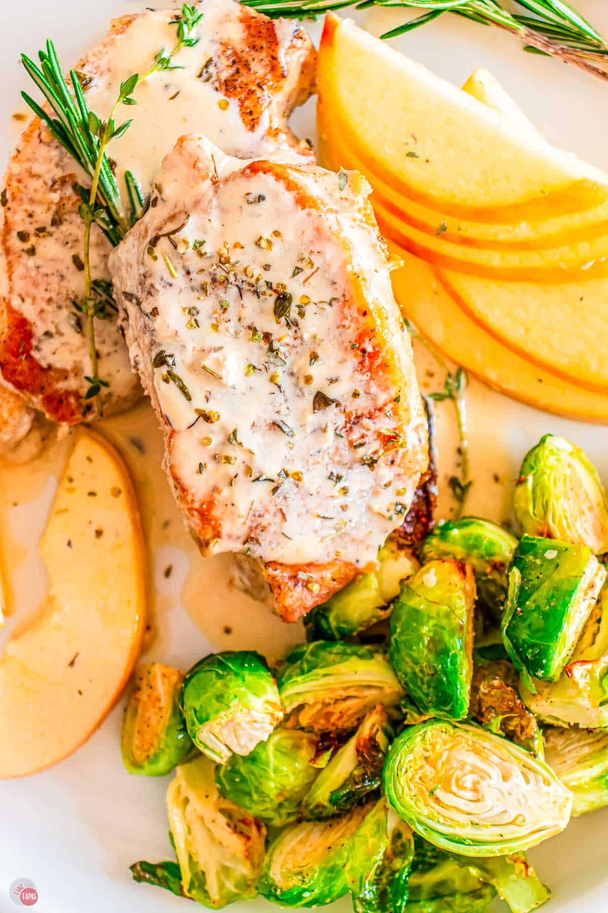 pork chop and sauce on a plate with apple slices and sprouts