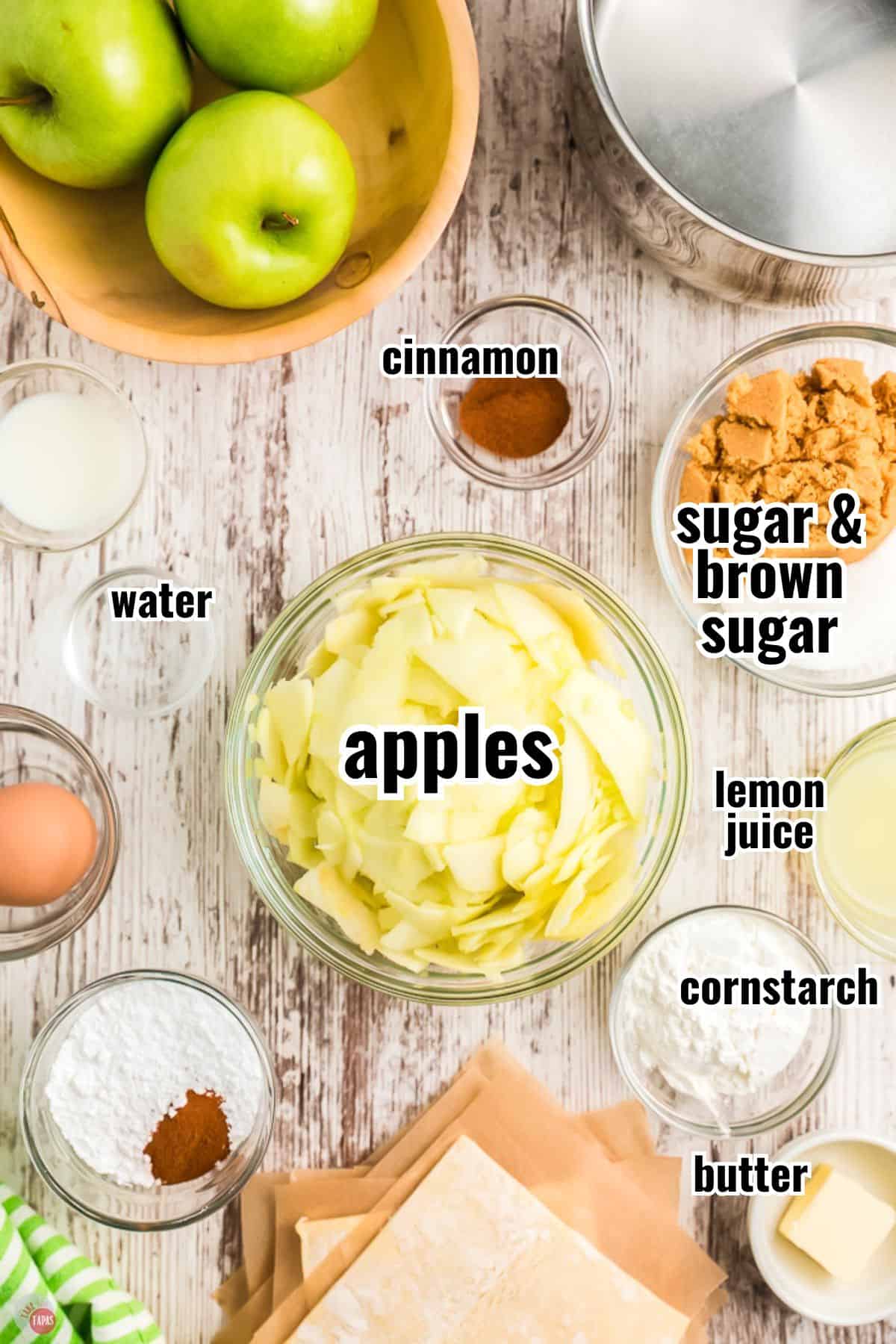 ingredients for apple pie filling with text overlay labeling them