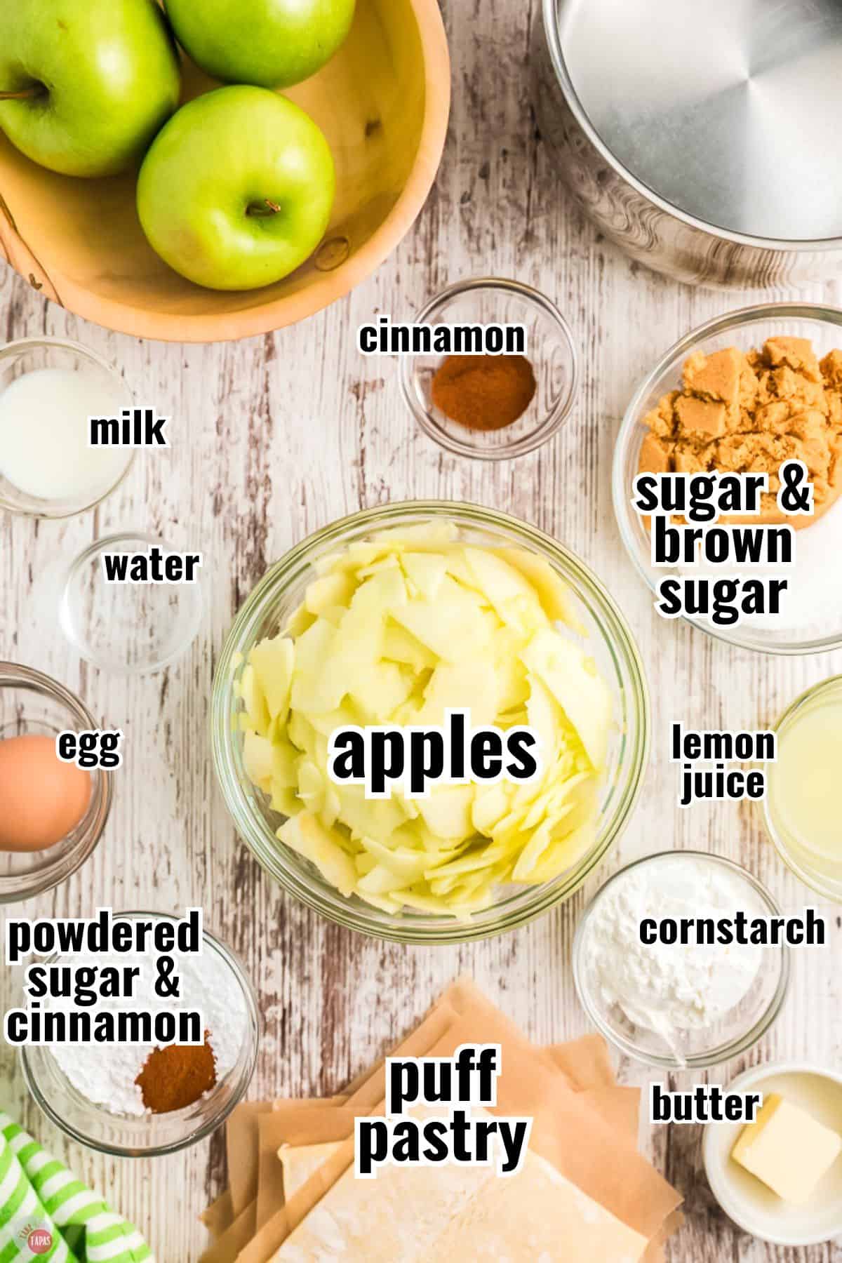 ingredients for apple turnovers with text overlay labeling them