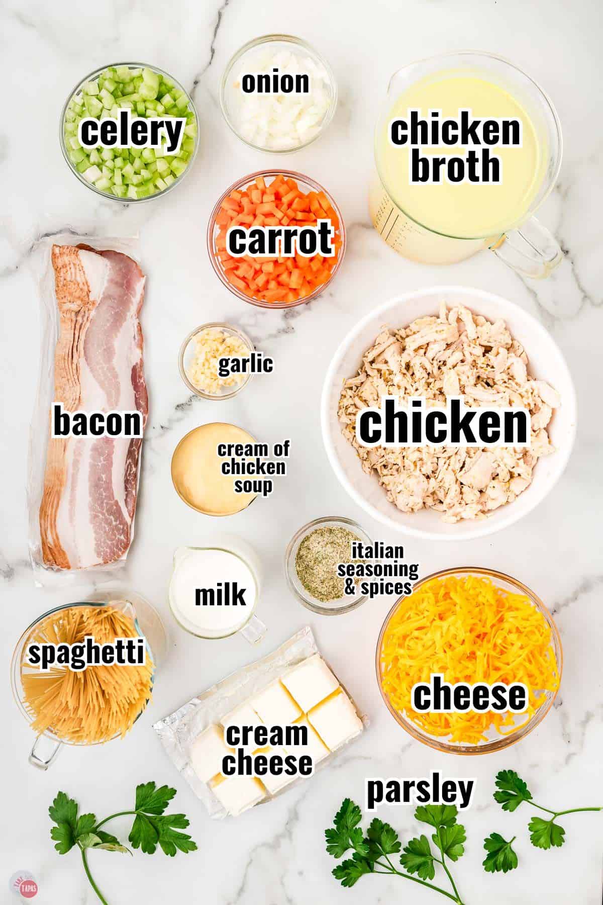 soup ingredients in individual bowls with text overlay labeling them