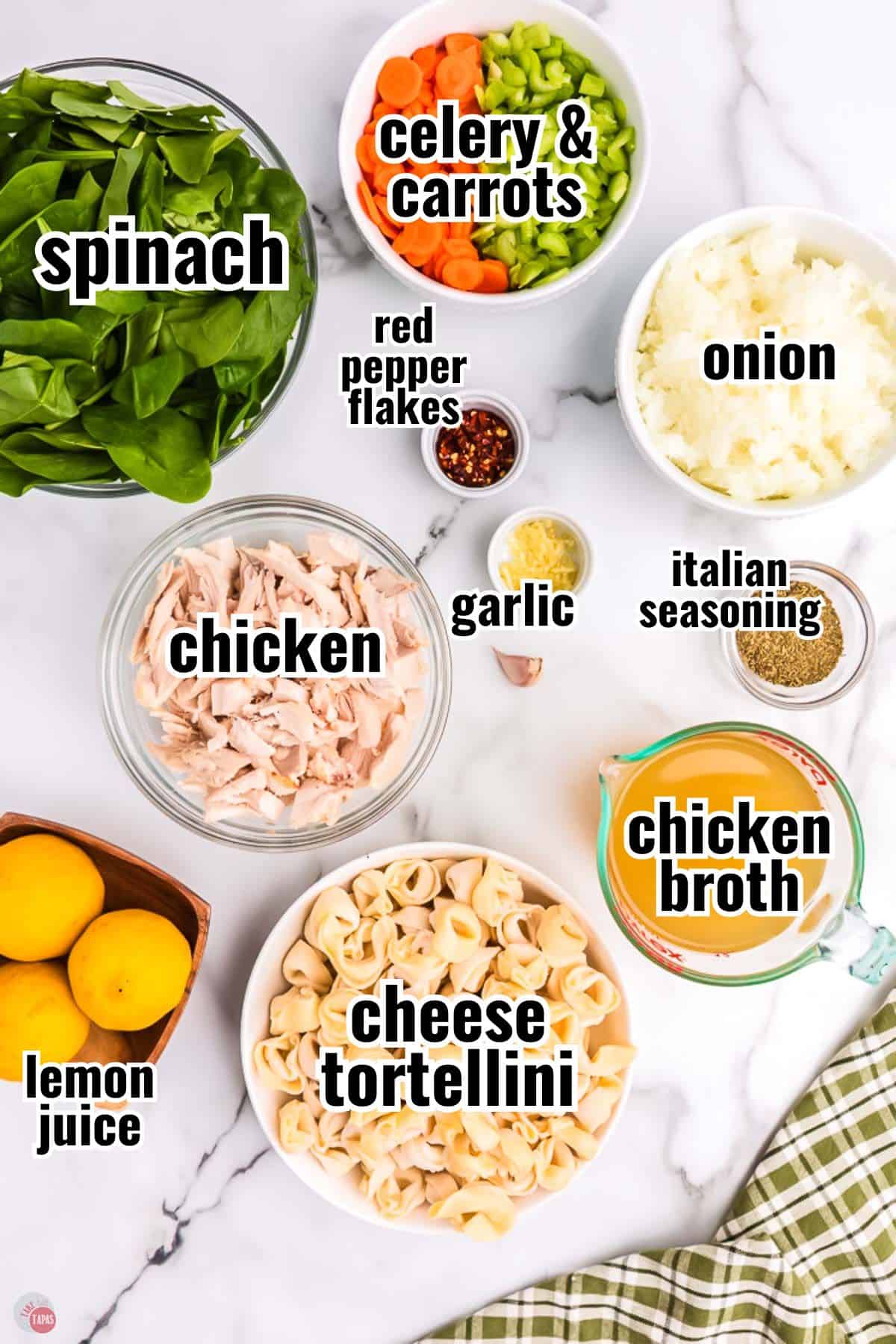 ingredients for a soup recipe on a marble counter with text overlay labeling them