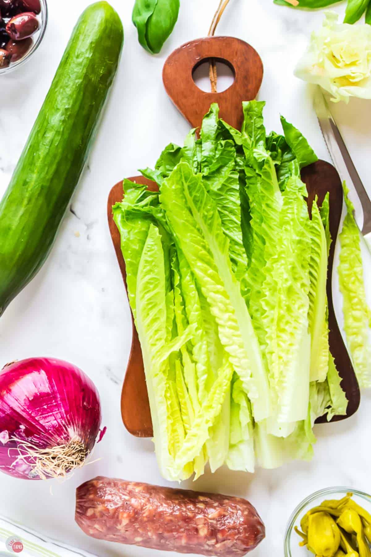 slices of romaine lettuce on a cutting board