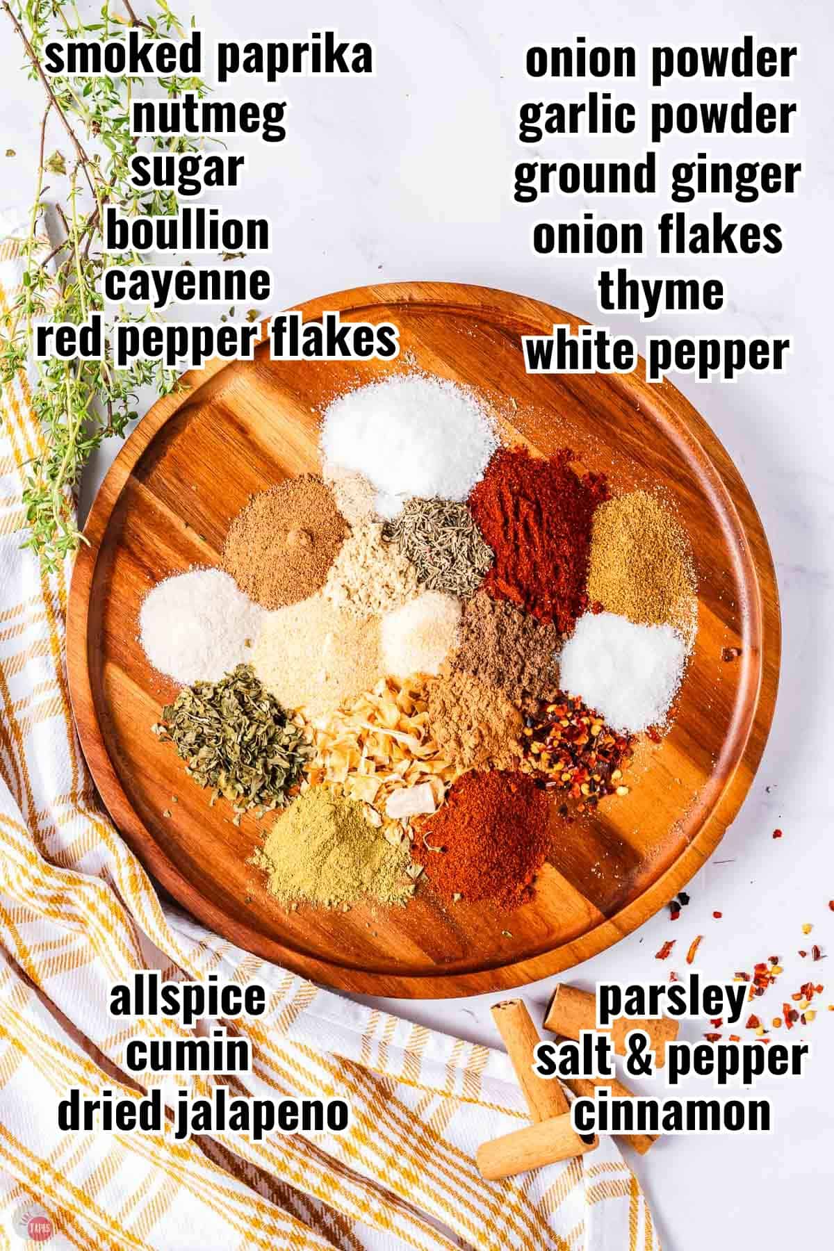 wood plate with individual spices and text overlay labeling them