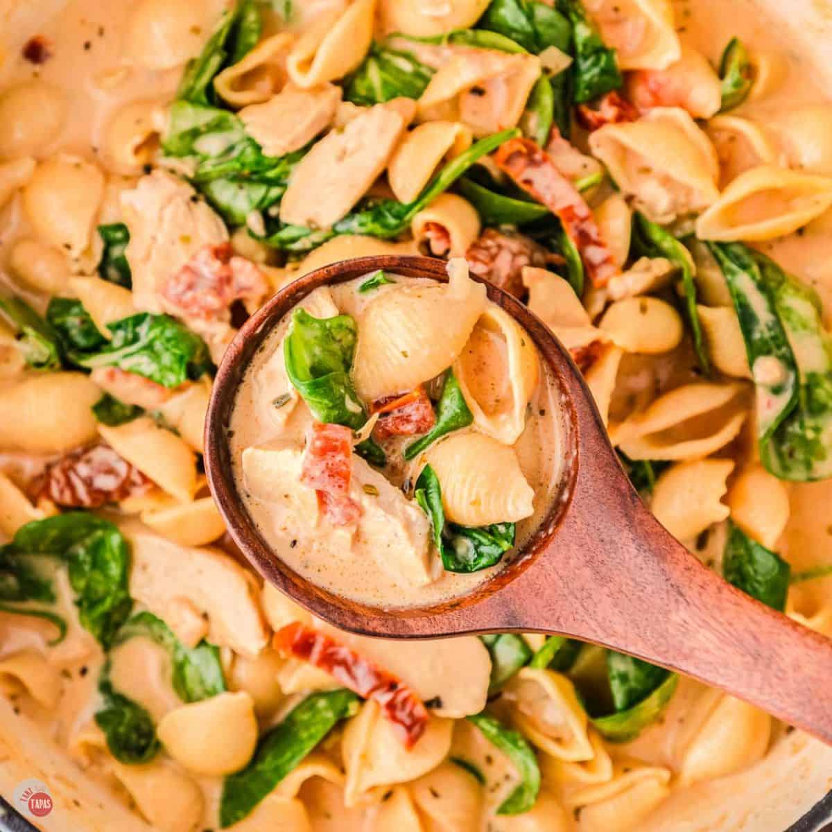 close up of soup with chicken and pasta
