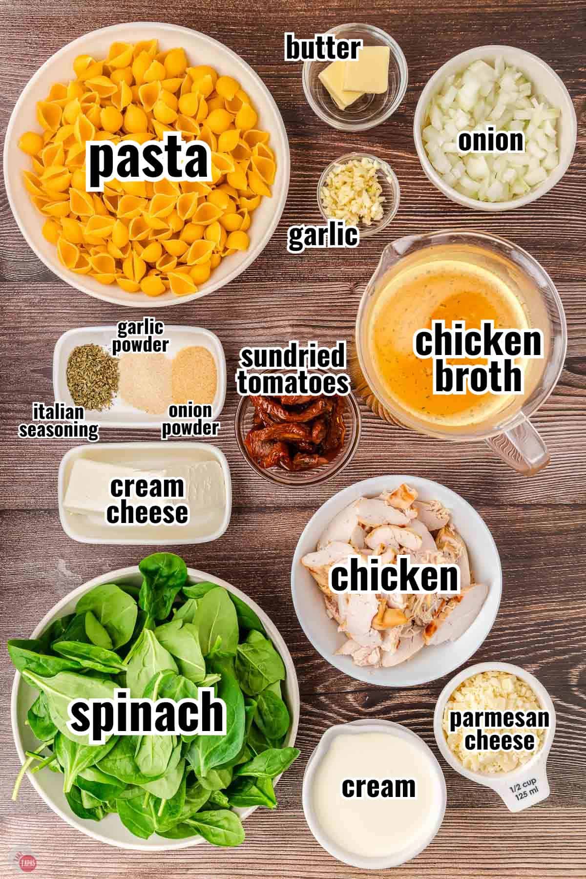 ingredients for soup recipe with text overlay labeling them