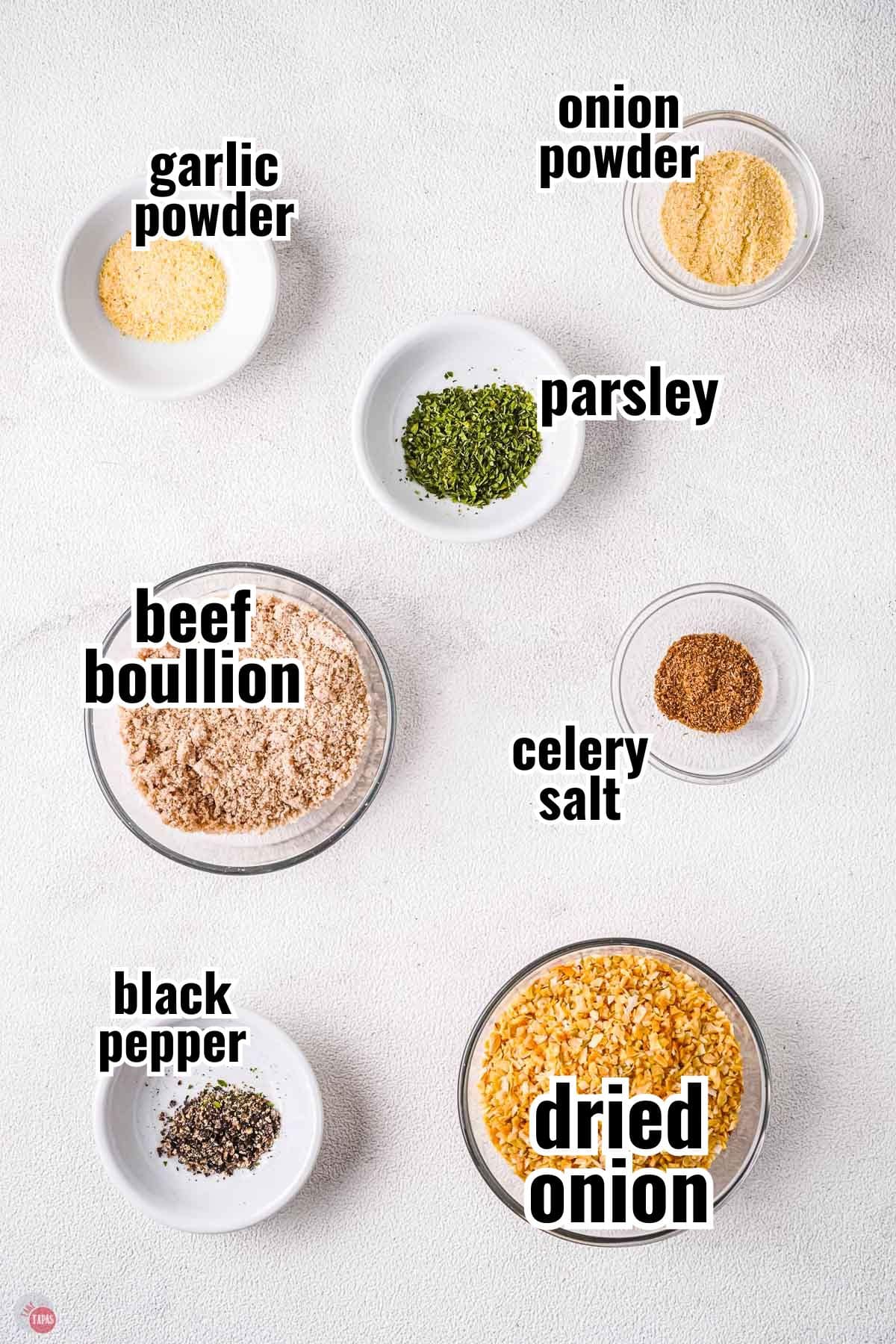 ingredients for a soup mix in individual bowls with text overlay labeling them