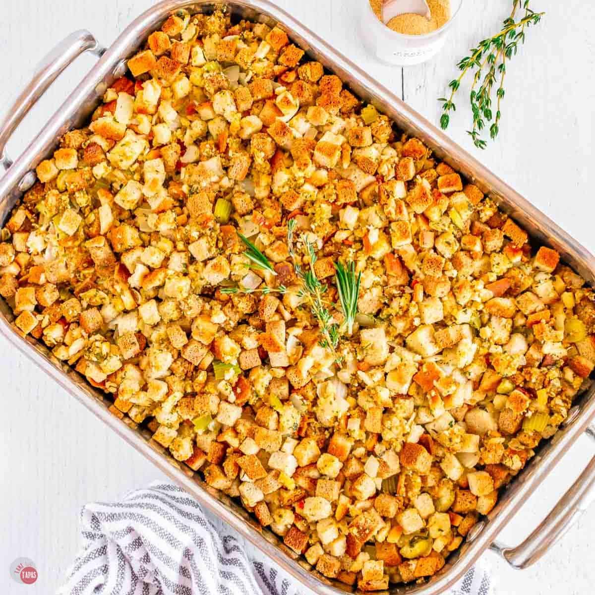 overhead picture of cornbread stuffing in a baking pan