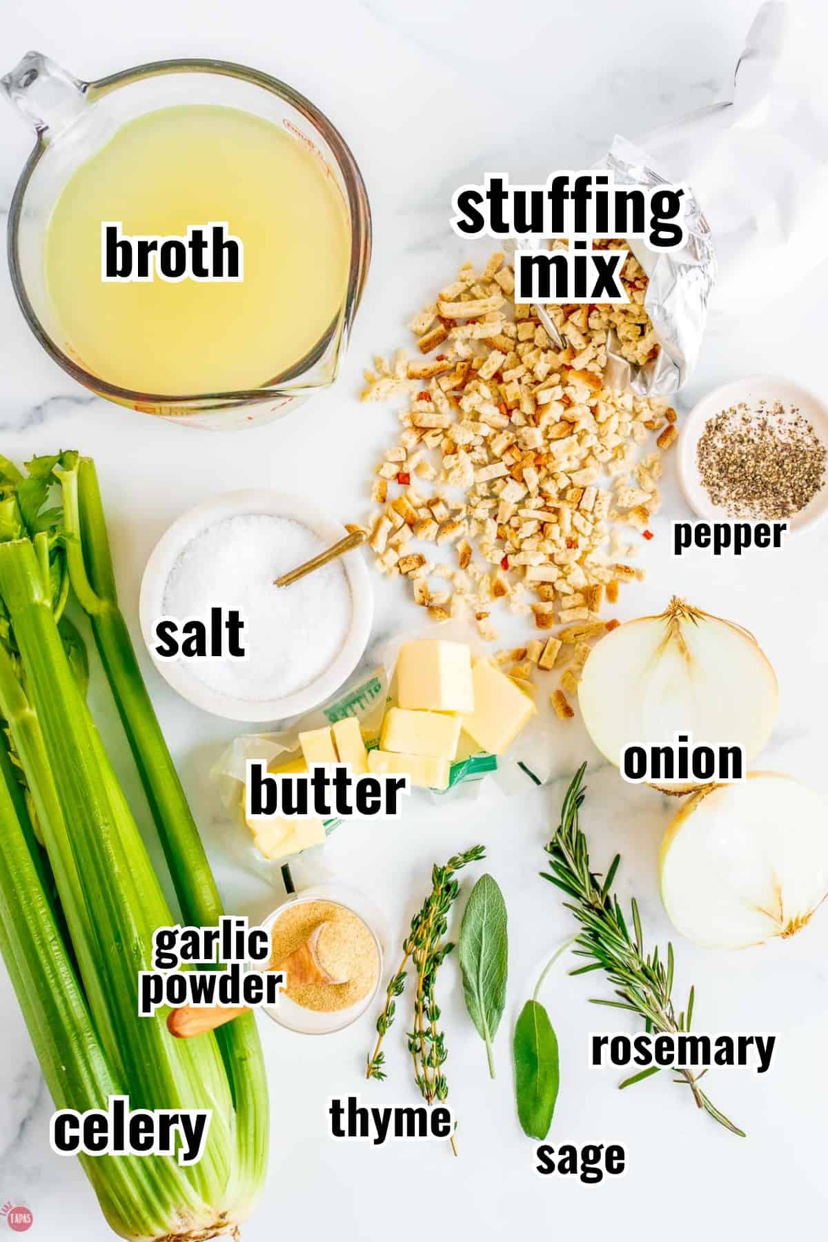 ingredients for semi-homemade stuffing on a marble counter with text overlay labeling them