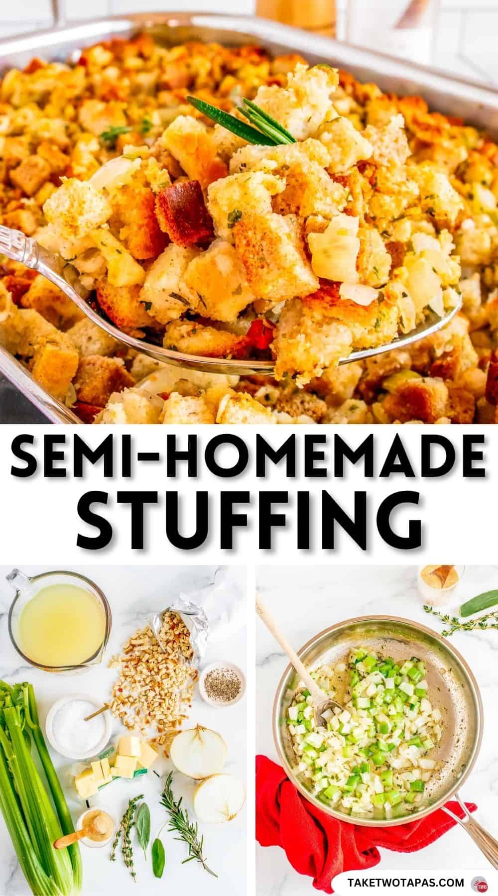 Pinterest pin image for a semi-homemade stuffing recipe