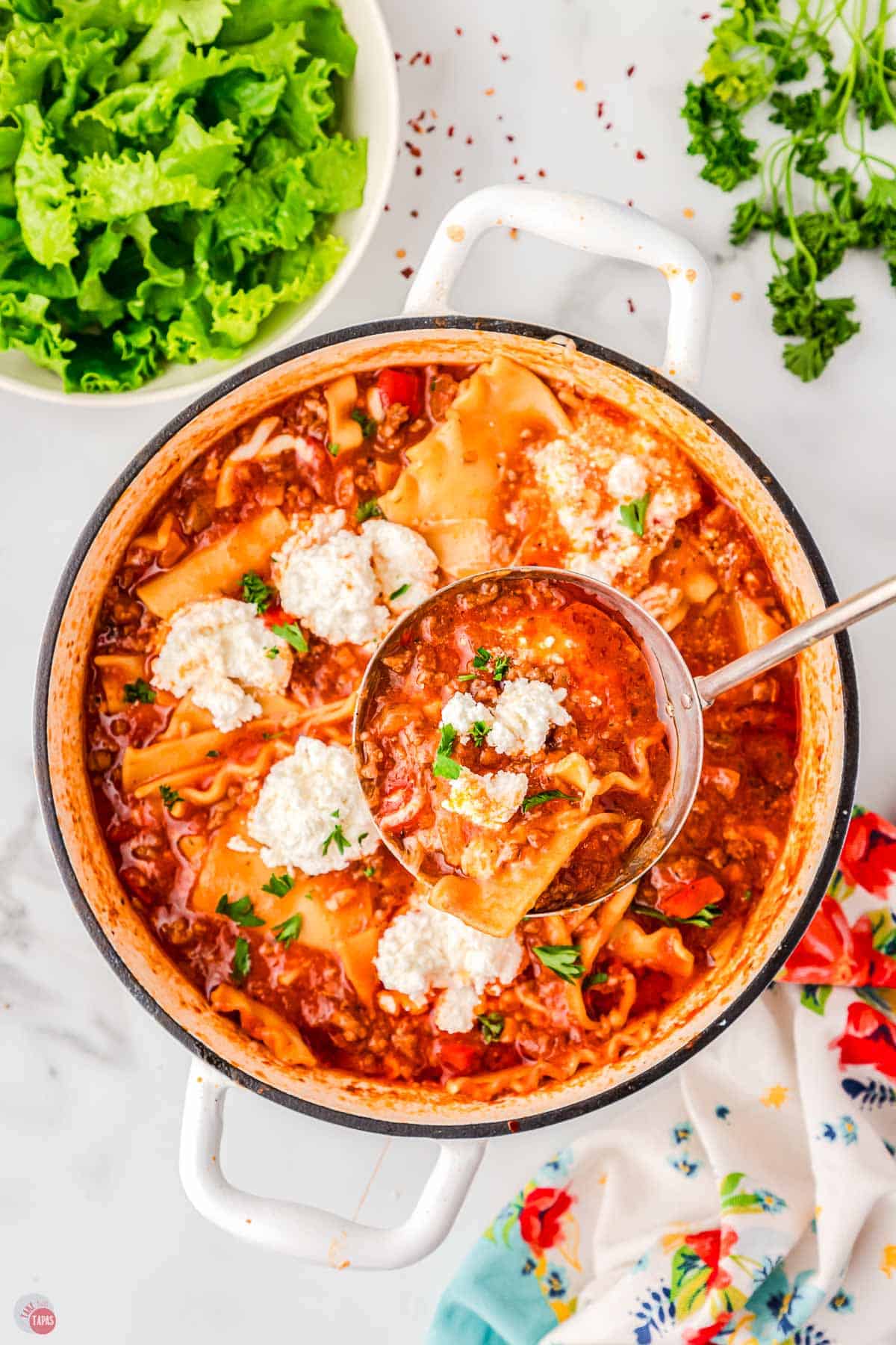 pot of soup with lasagna noodles and ricotta cheese