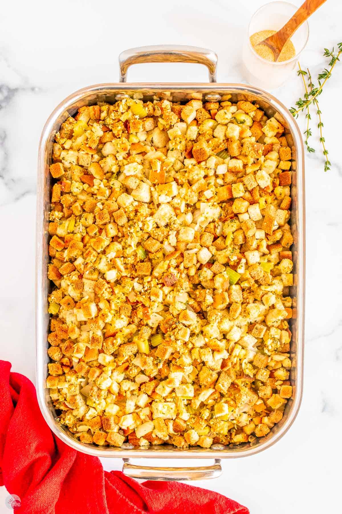 baked stuffing in a silver casserole dish