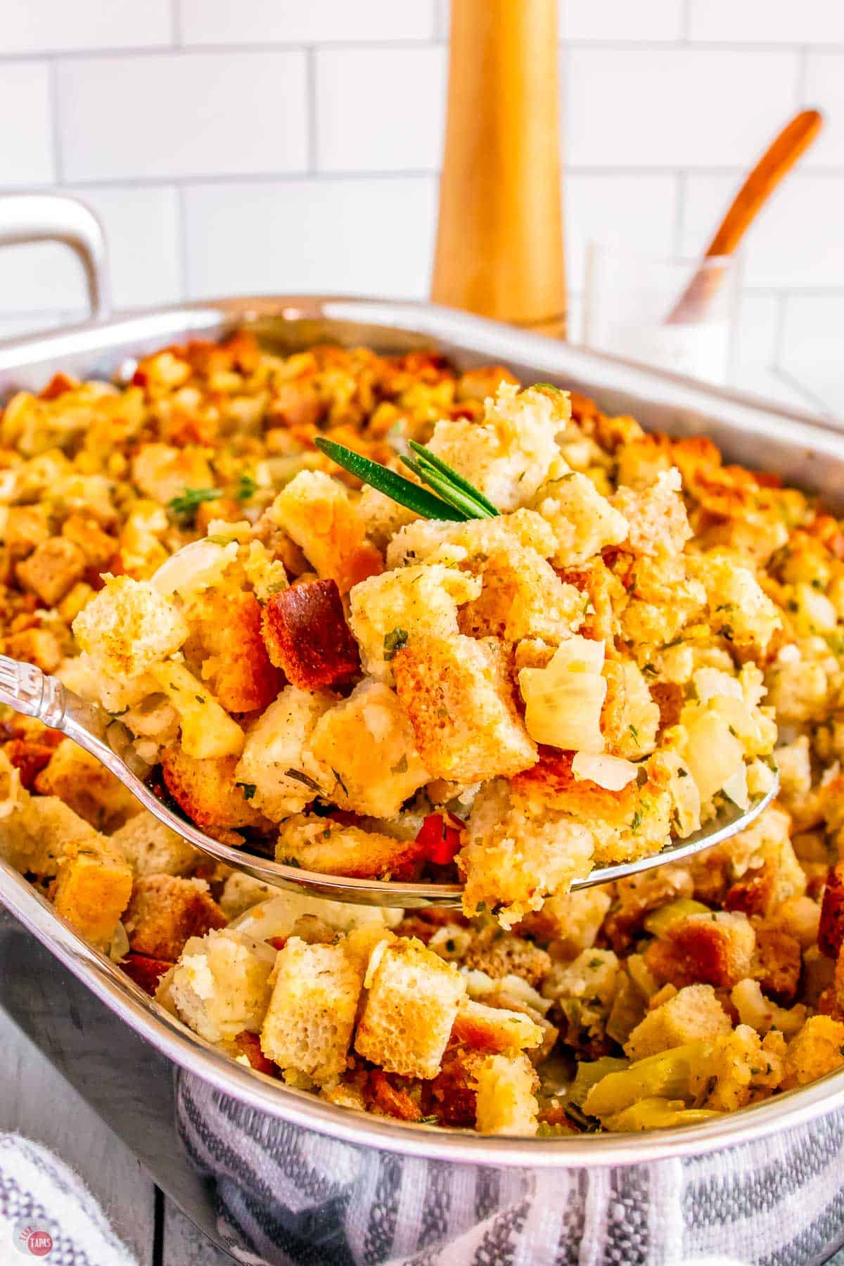 close up of a spoon of stuffing from a box