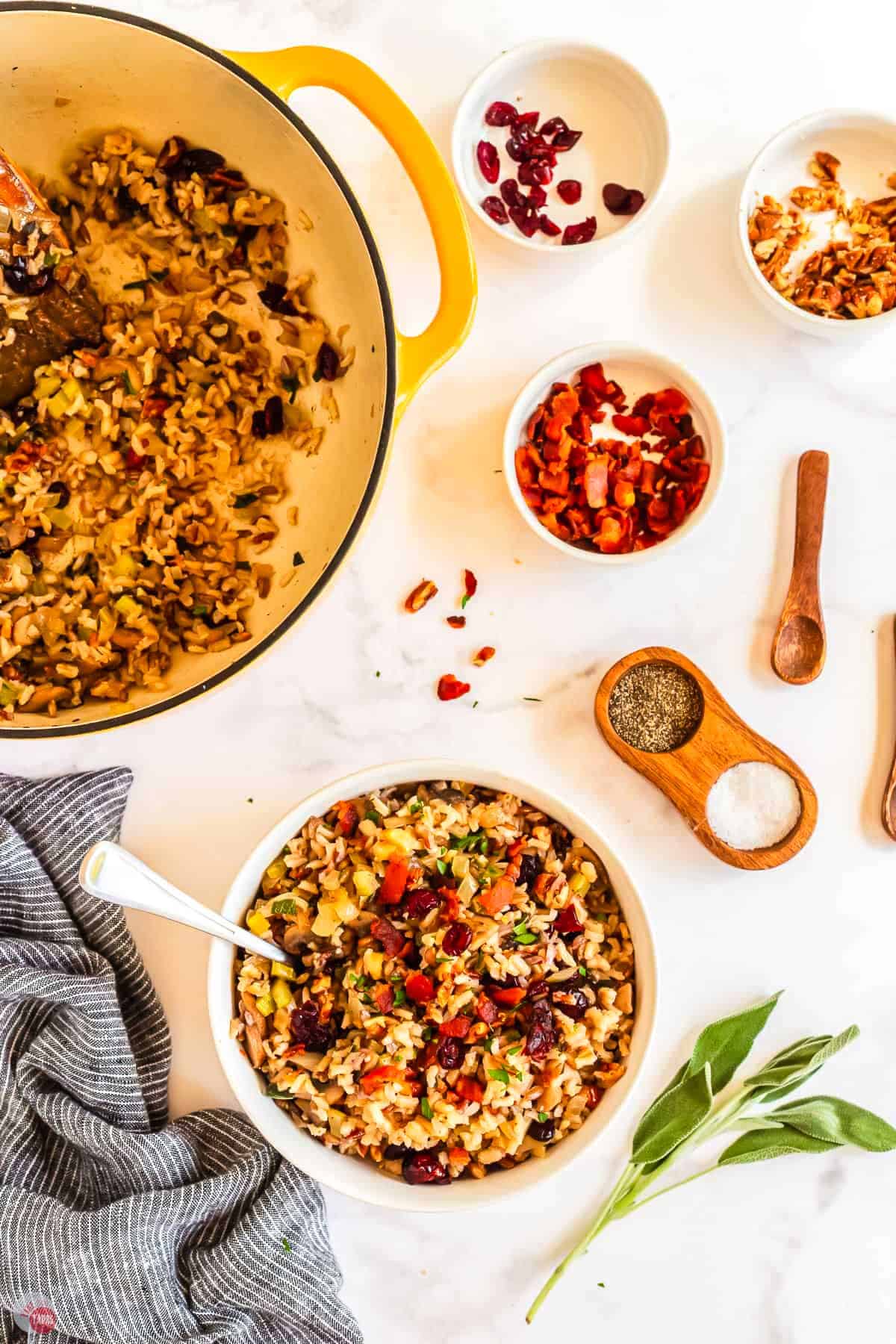 bowls of rice stuffing on a table