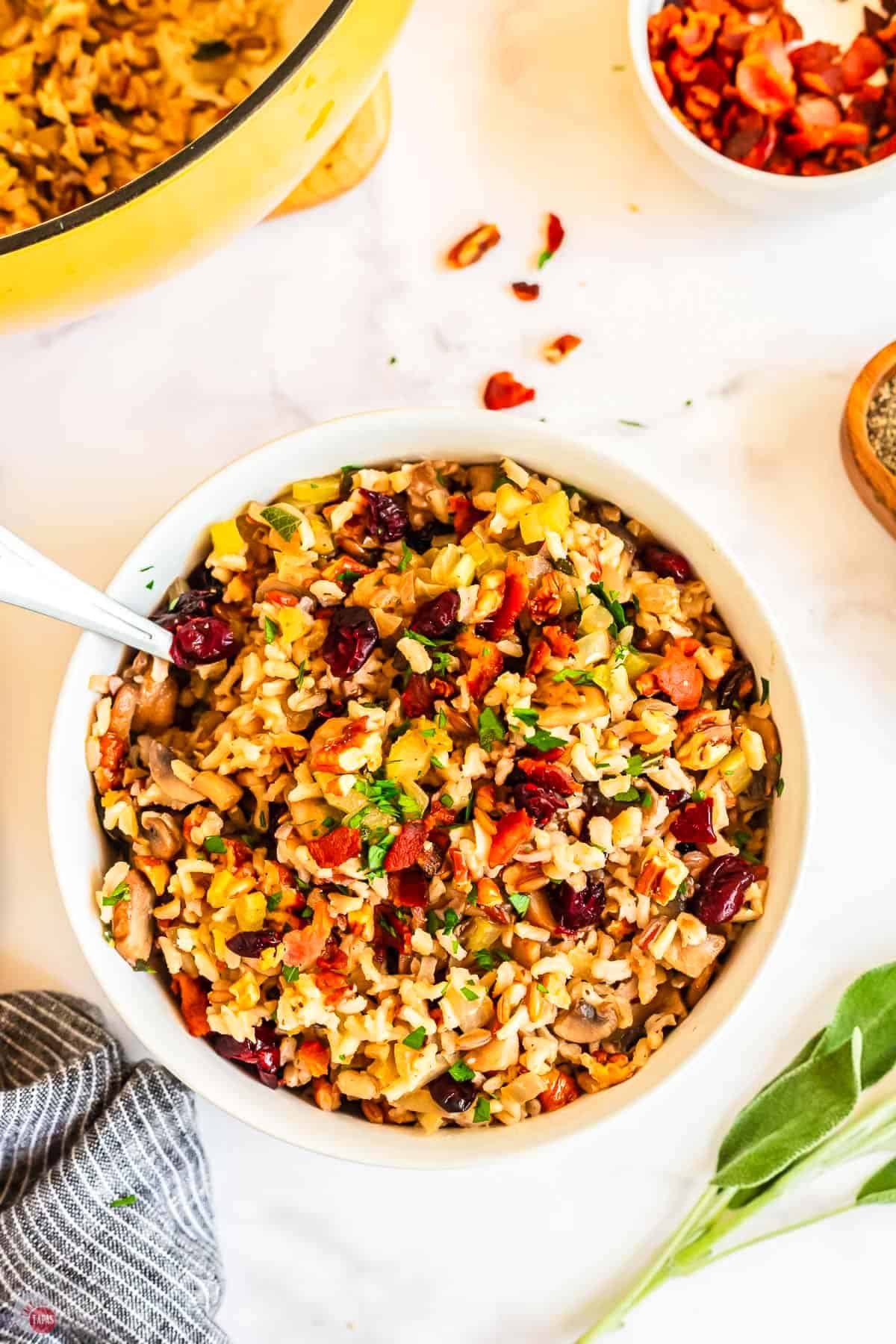 overhead picture of bowl of wild rice stuffing