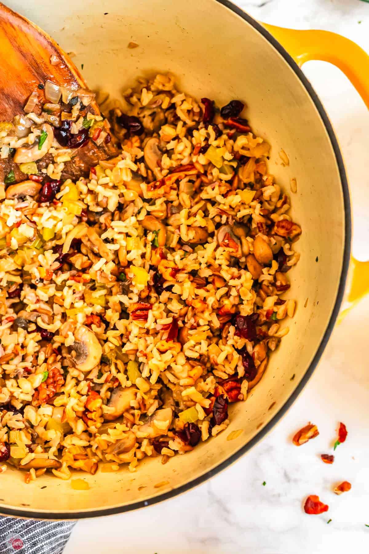 close up of wild rice stuffing in a pot