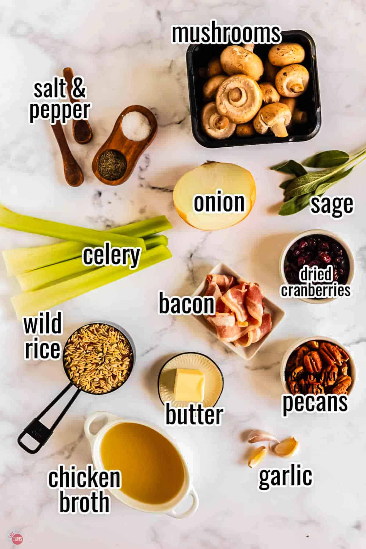 ingredients for a recipe on a marble countertop with text overlay labeling them