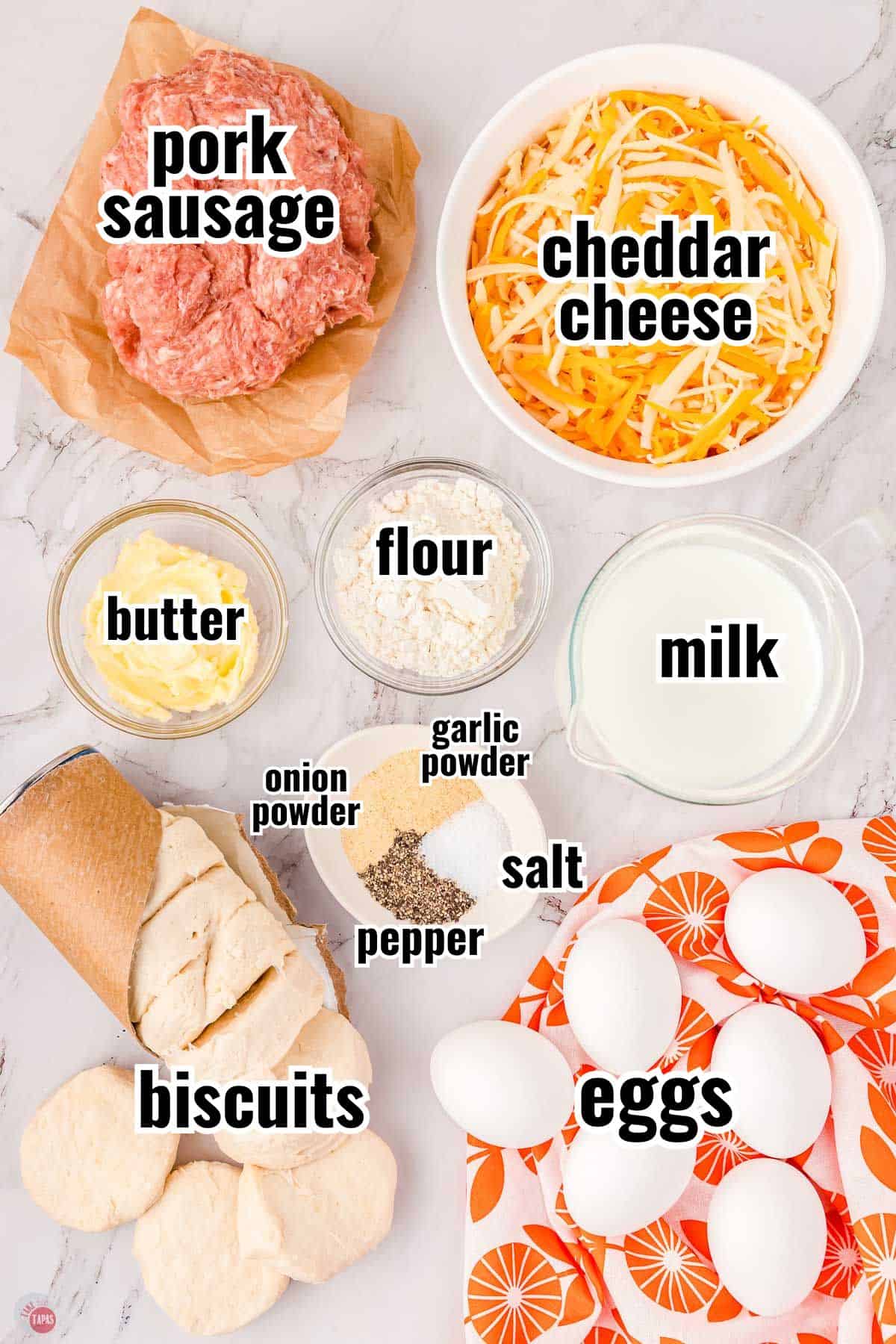 ingredients for a breakfast casserole with text overlay labeling them