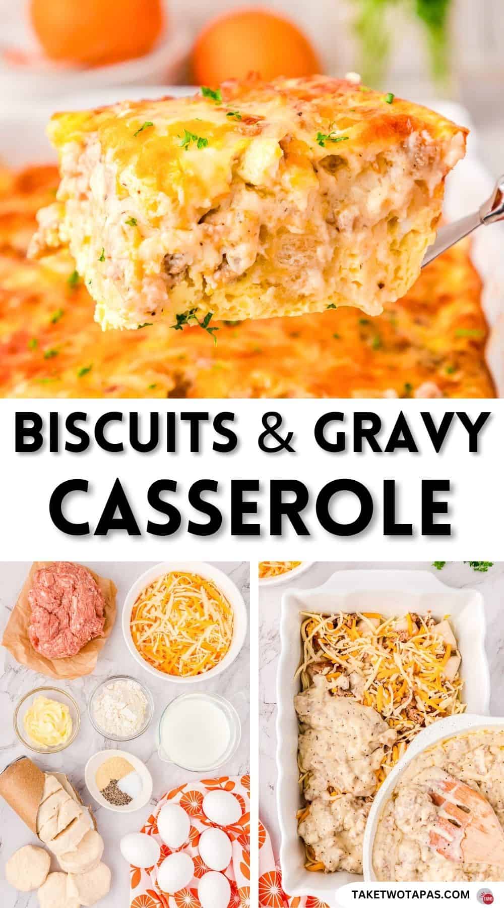 Pinterest pin image for biscuits and gravy casserole recipe