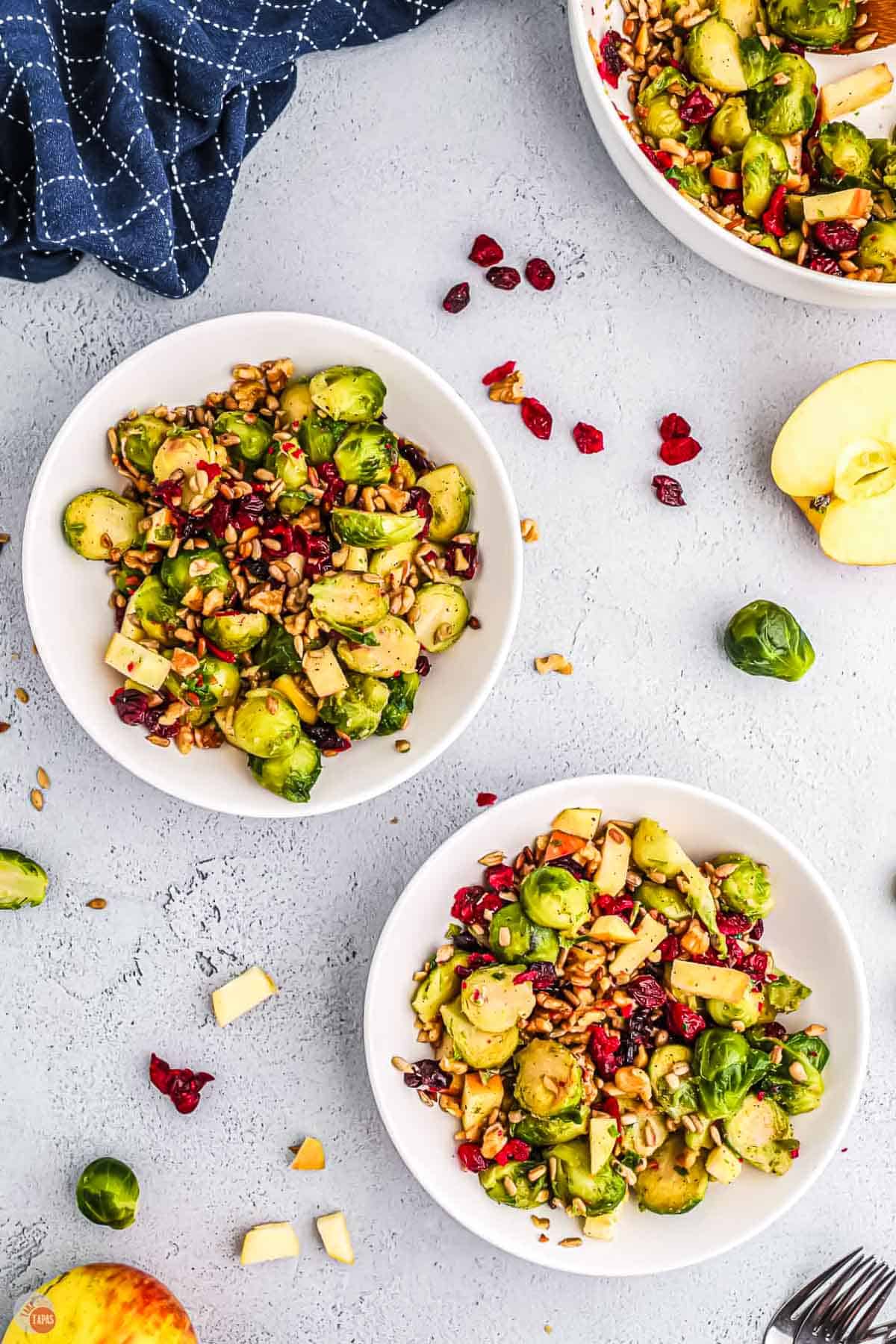 two plates of salad with a blue napkin