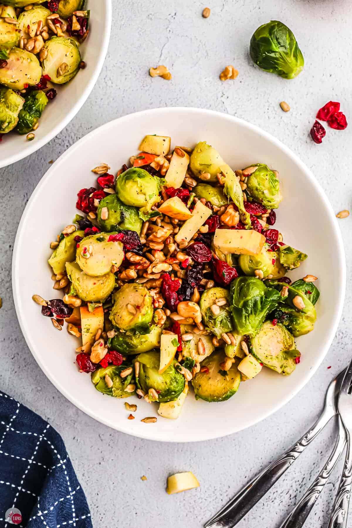 bowl of brussels sprouts salad with a blue napkin