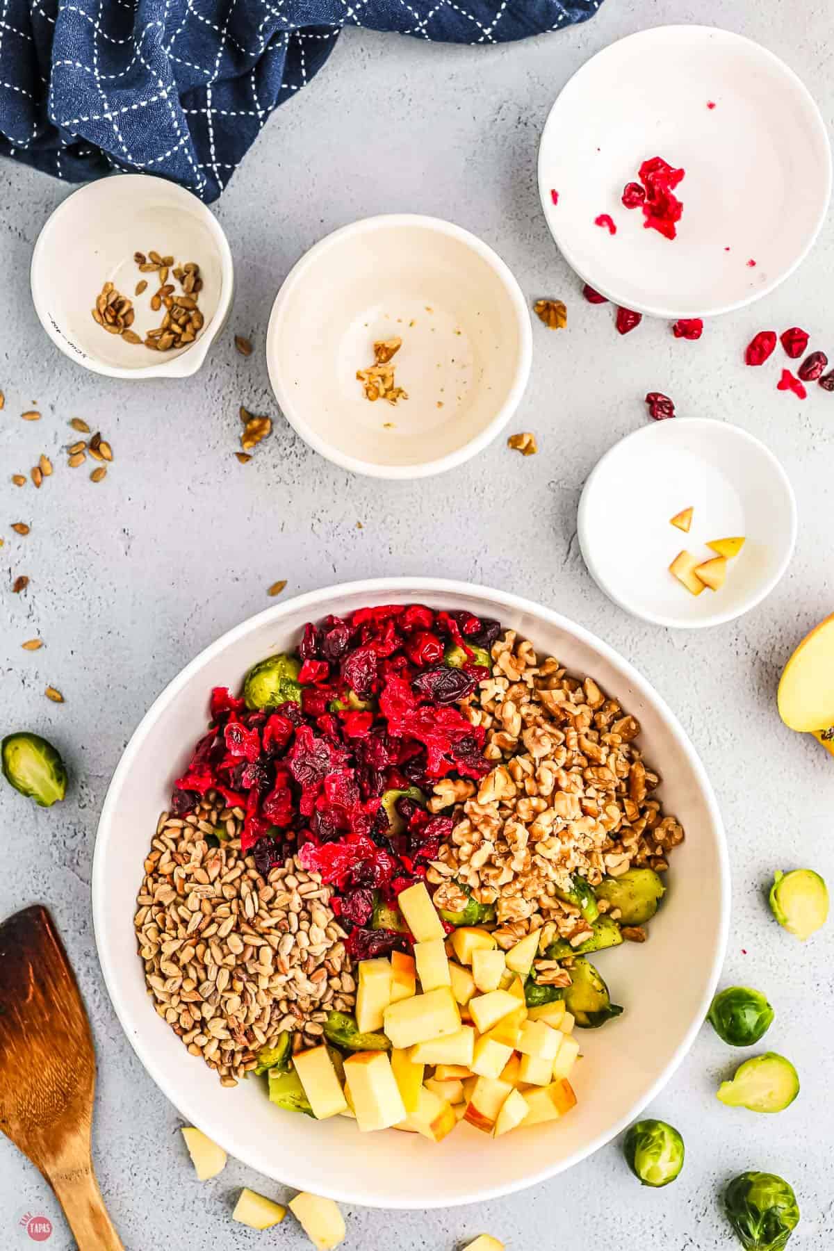 bowl filled with seeds, cranberries, and apples