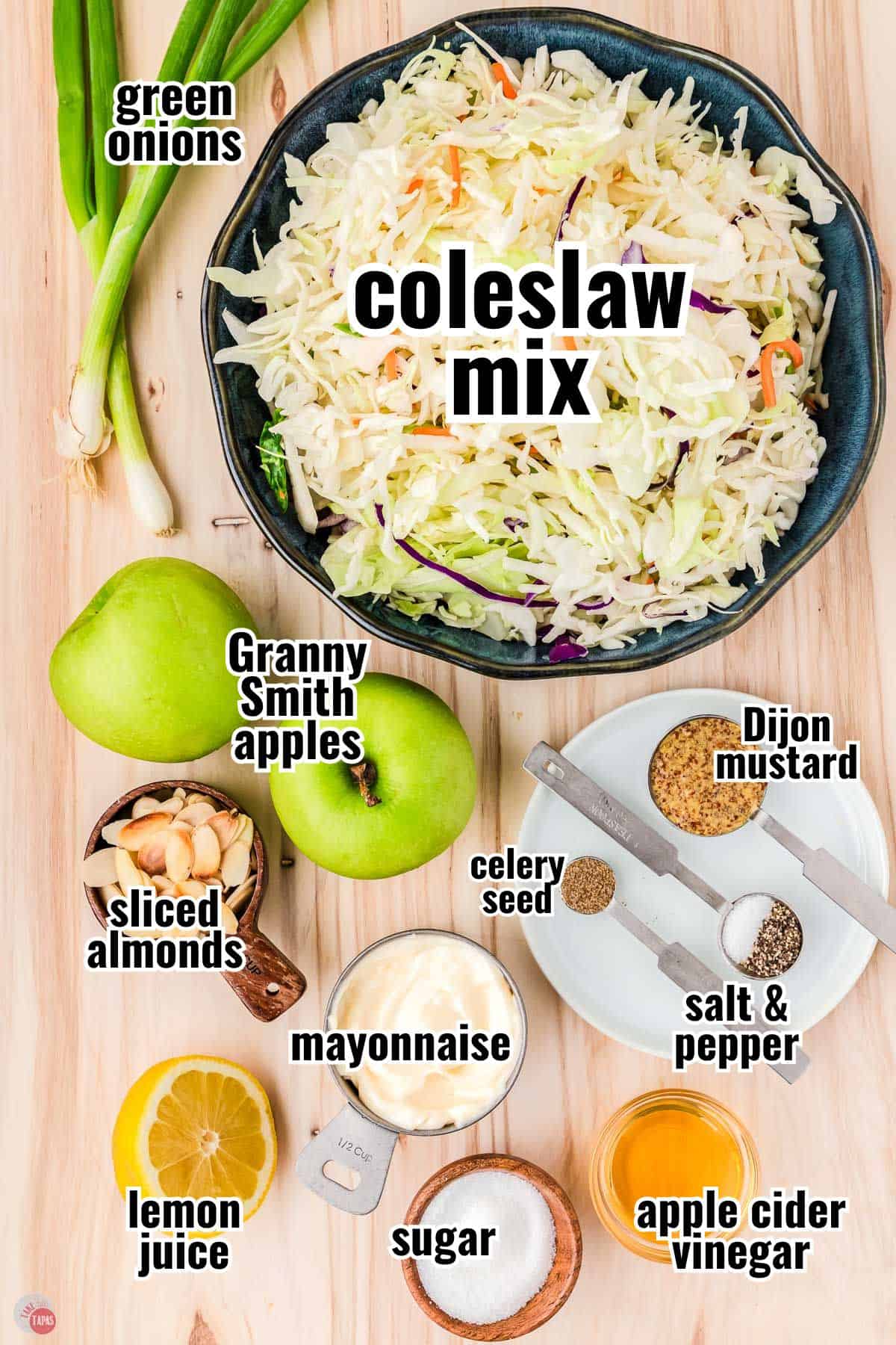 ingredients for a slaw recipe with text overlay labeling them
